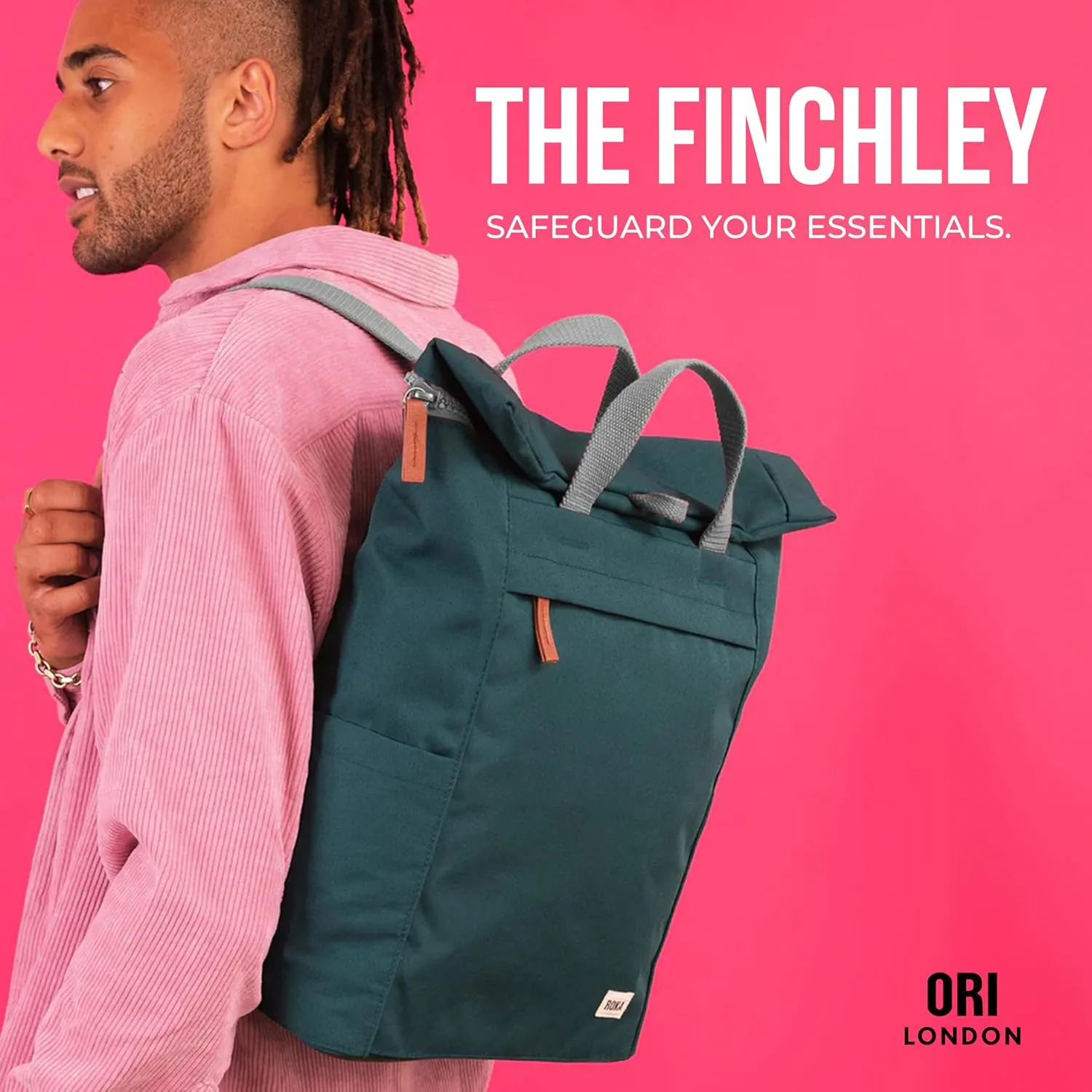 ORI LONDON Rolltop Backpack - Medium Travel Backpack with Lots of Pockets for Men & Women - The Finchley, Forest