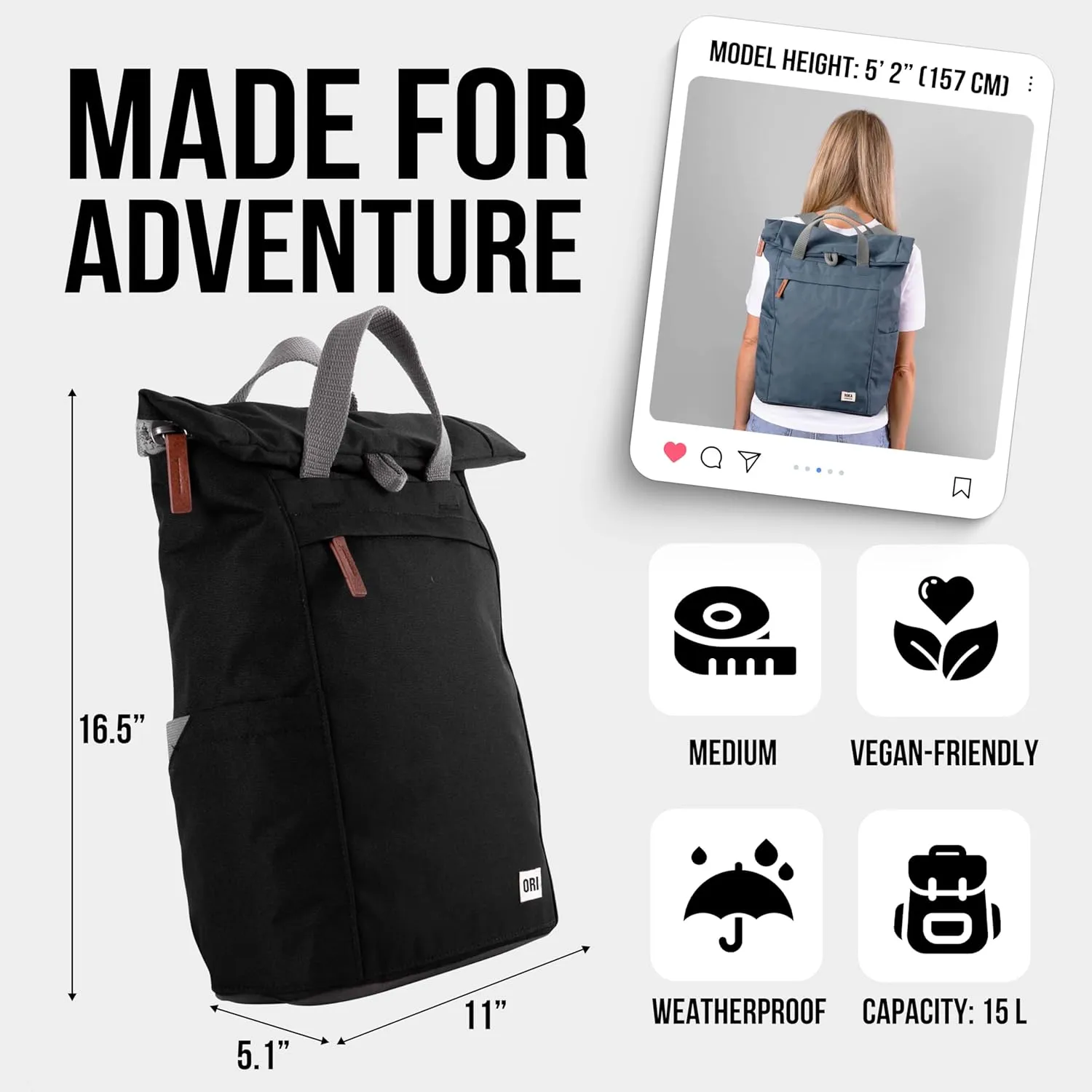 ORI LONDON Rolltop Backpack - Medium Travel Backpack with Lots of Pockets for Men & Women - The Finchley, Forest