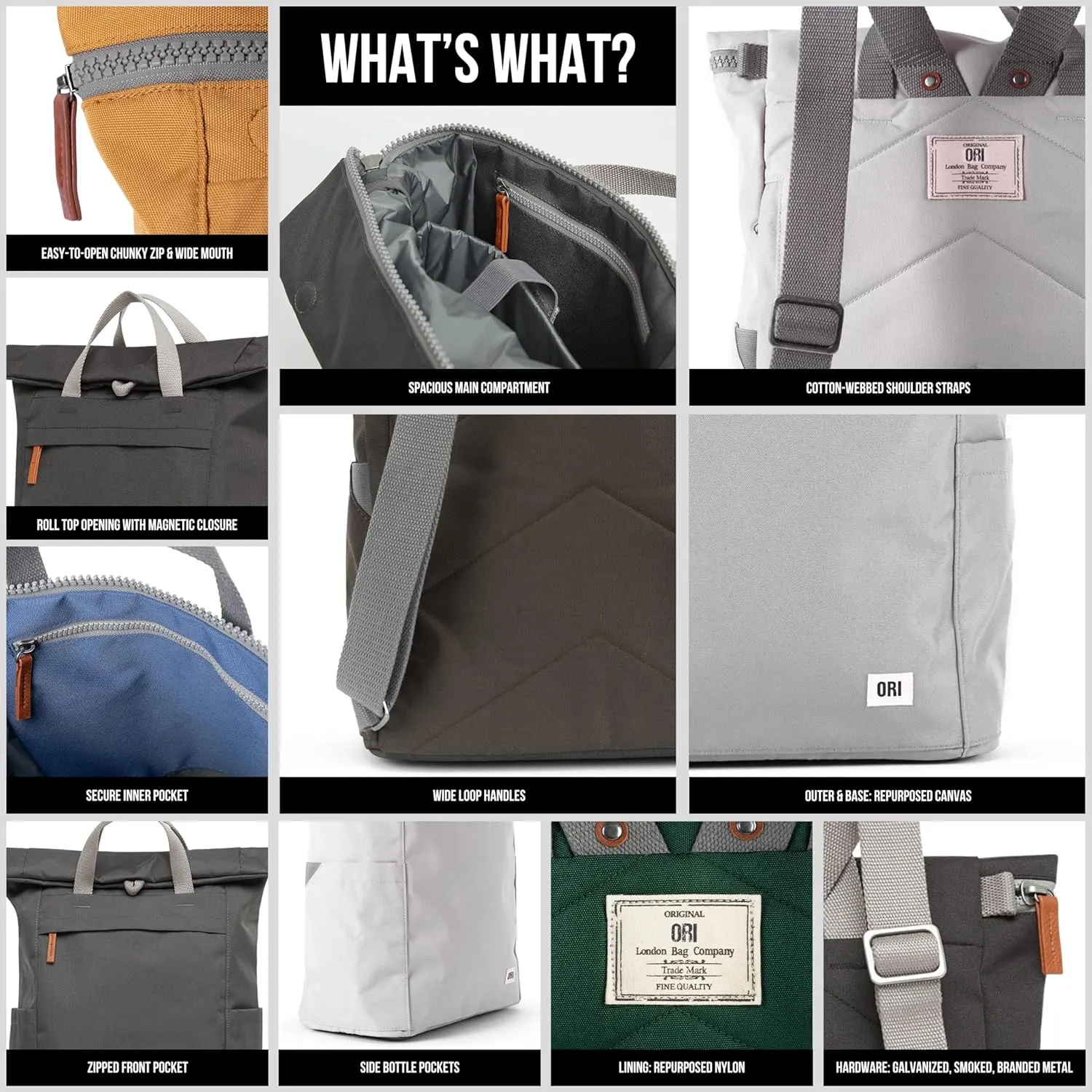 ORI LONDON Rolltop Backpack - Medium Travel Backpack with Lots of Pockets for Men & Women - The Finchley, Forest