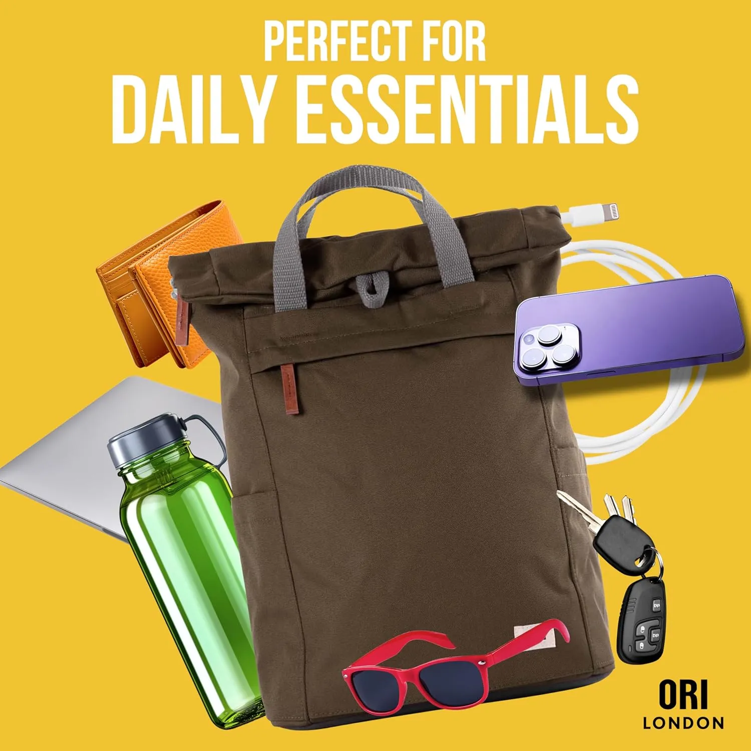 ORI LONDON Rolltop Backpack - Medium Travel Backpack with Lots of Pockets for Men & Women - The Finchley, Forest