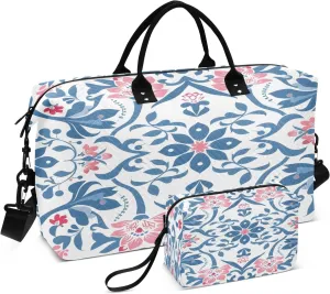 Ornamental Floral Travel Duffel Bags with Toiletry Bag and Adjustable Strap for Travel Gym Yoga