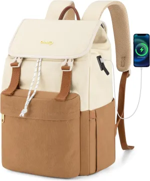 Orvilly Vintage Canvas Laptop Backpack for Women,15.6" Laptop College Rucksack with USB/Type-C Charging Port,Fashion Lightweight Bookbag Hiking Casual Daypack Backpacks for Travel Work（Brown & Beige）