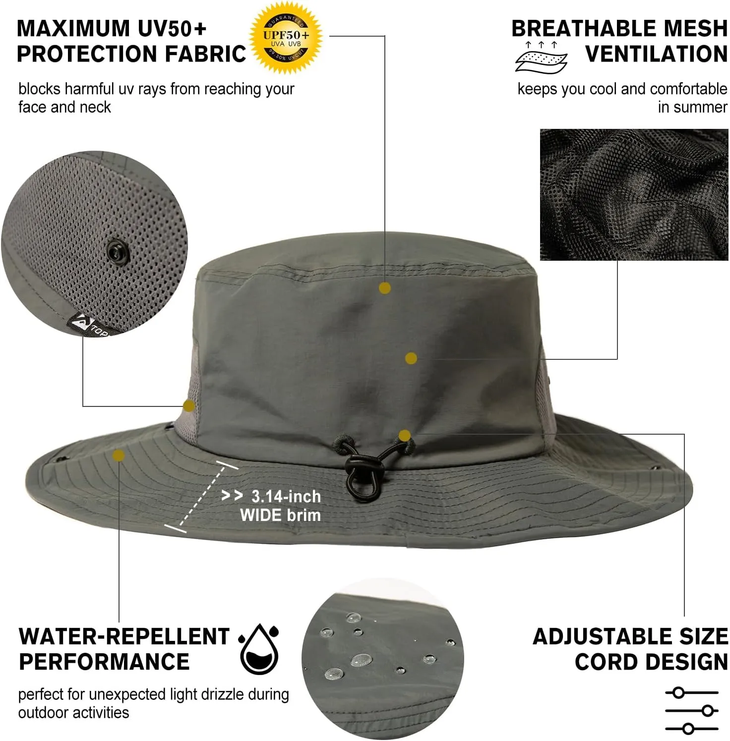 Oversized XL XXL Mens Waterproof UPF50  Golf Bucket Sun Hats Big Head Boonie Safari Wide Brim Fishing