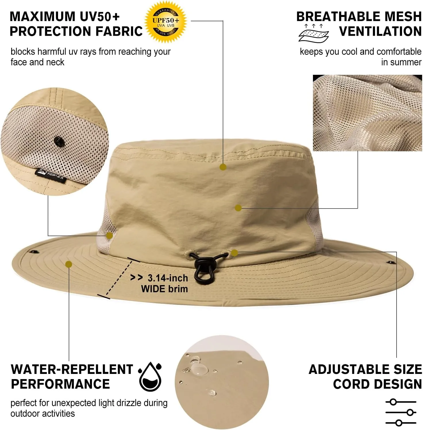 Oversized XL XXL Mens Waterproof UPF50  Golf Bucket Sun Hats Big Head Boonie Safari Wide Brim Fishing