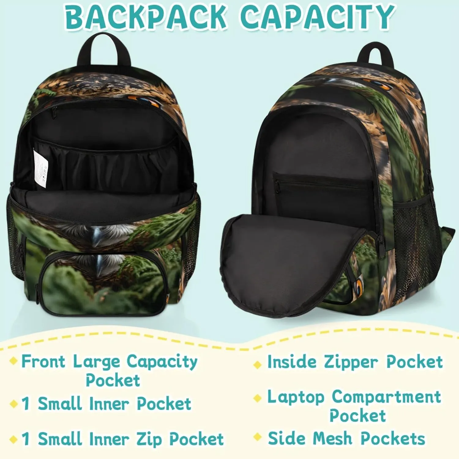 Owl Travel Laptop Backpacks for Women Men, Funny Boho Animals 16.7" Waterproof Back Pack Casual Daypack for Travel