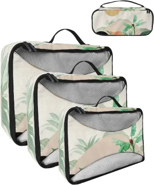 Packing Cubes for Travel, 4 Set Travel Packing Organized Cubes Boho Abstract Sun Mountain Plant Bohemian Linen Waterproof Luggage Organizer Shoe Bag Travel Accessories for Carry On Suitcases