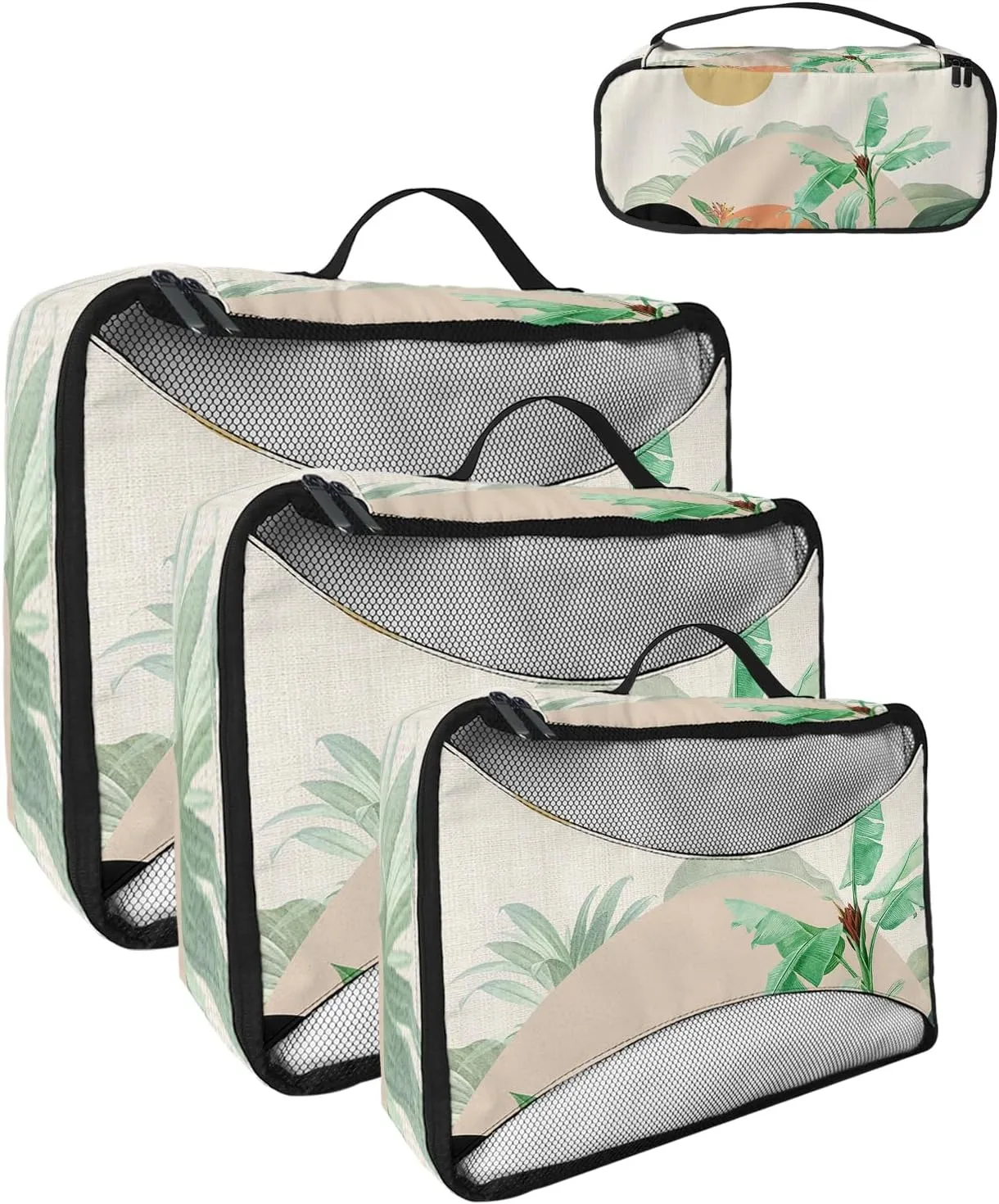 Packing Cubes for Travel, 4 Set Travel Packing Organized Cubes Boho Abstract Sun Mountain Plant Bohemian Linen Waterproof Luggage Organizer Shoe Bag Travel Accessories for Carry On Suitcases