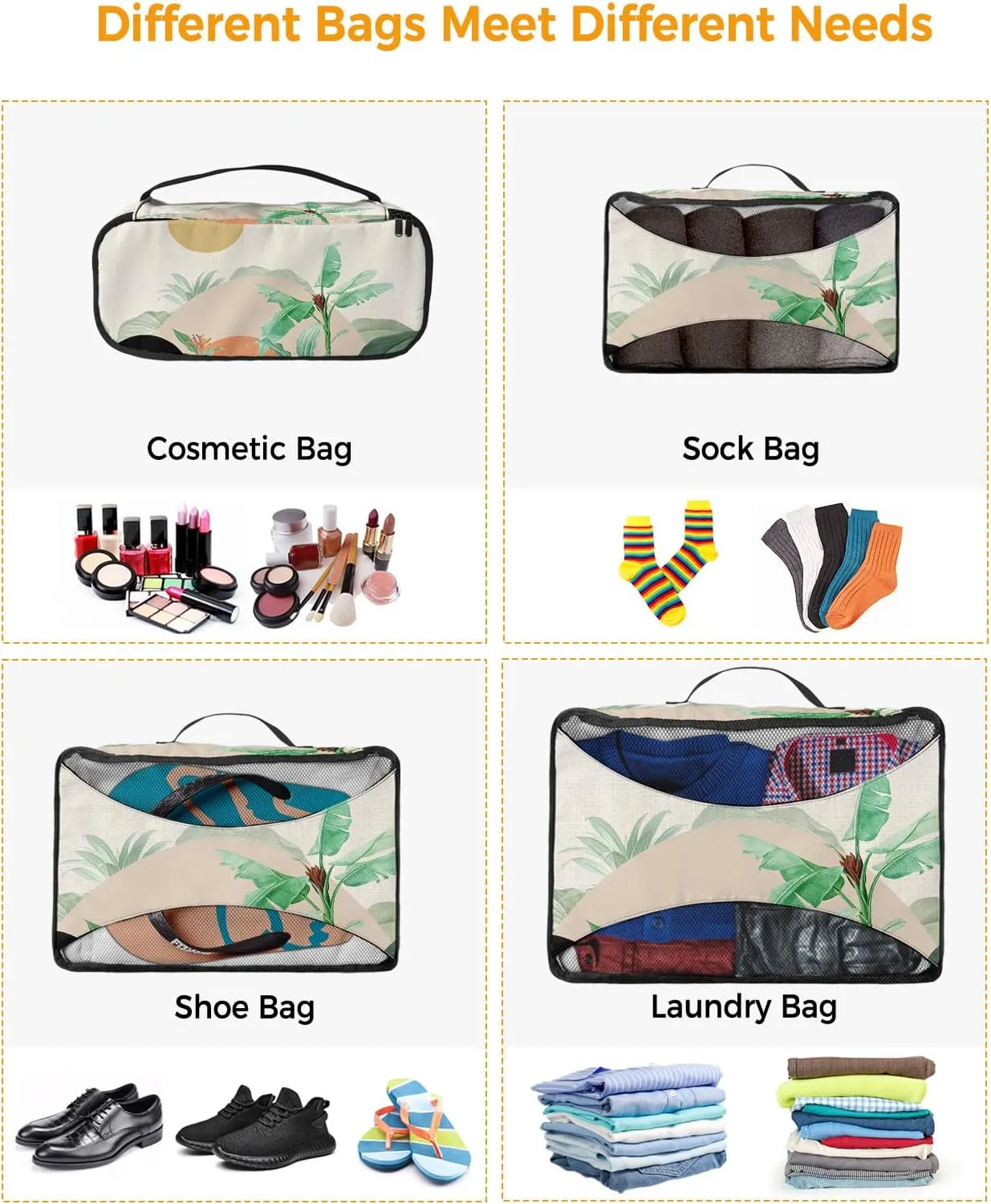 Packing Cubes for Travel, 4 Set Travel Packing Organized Cubes Boho Abstract Sun Mountain Plant Bohemian Linen Waterproof Luggage Organizer Shoe Bag Travel Accessories for Carry On Suitcases