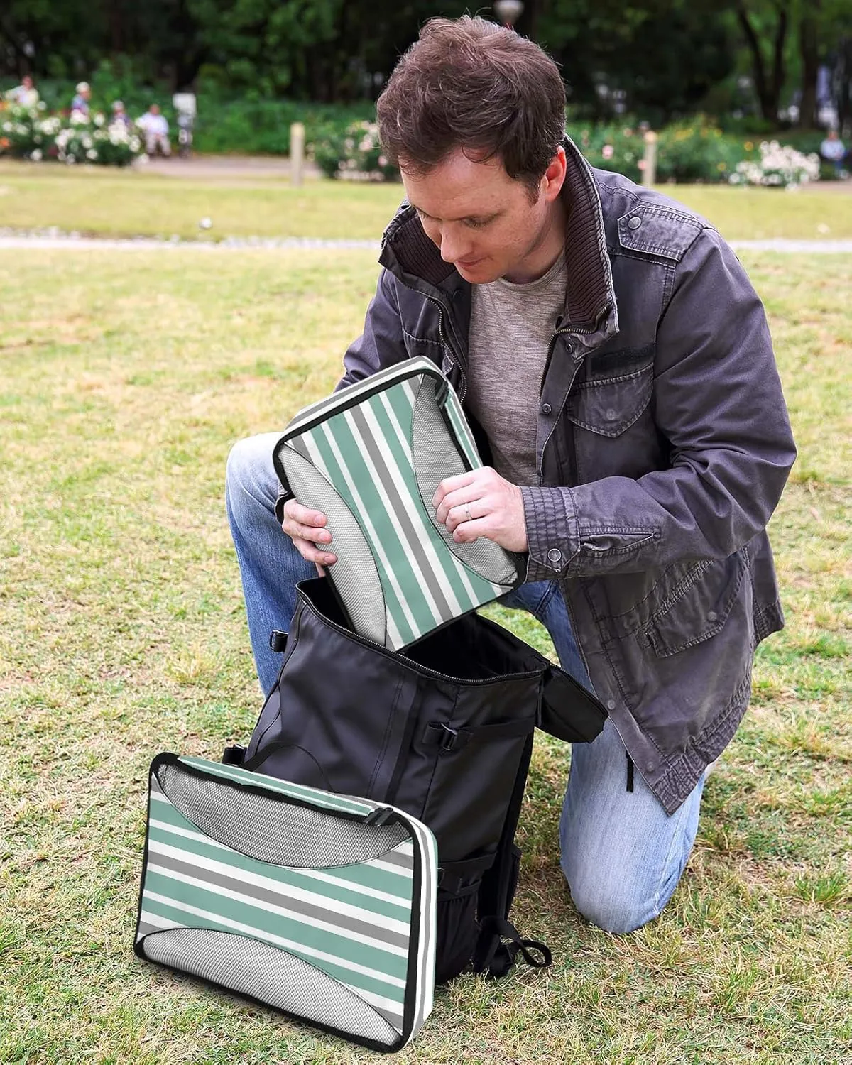 Packing Cubes for Travel, 4 Set Travel Packing Organized Cubes Concise Green Gray White Stripe Waterproof Luggage Organizer with Laundry Bag Shoe Bag Travel Accessories for Carry On Suitcases