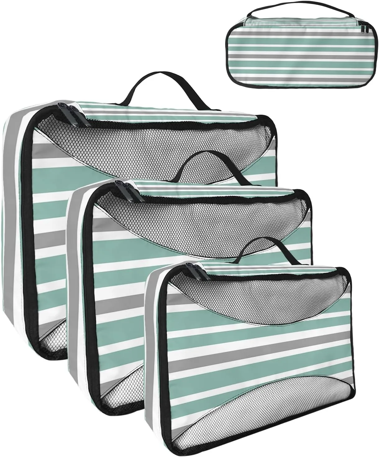 Packing Cubes for Travel, 4 Set Travel Packing Organized Cubes Concise Green Gray White Stripe Waterproof Luggage Organizer with Laundry Bag Shoe Bag Travel Accessories for Carry On Suitcases