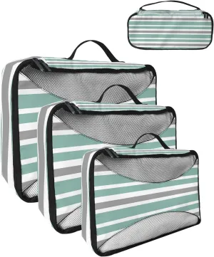 Packing Cubes for Travel, 4 Set Travel Packing Organized Cubes Concise Green Gray White Stripe Waterproof Luggage Organizer with Laundry Bag Shoe Bag Travel Accessories for Carry On Suitcases