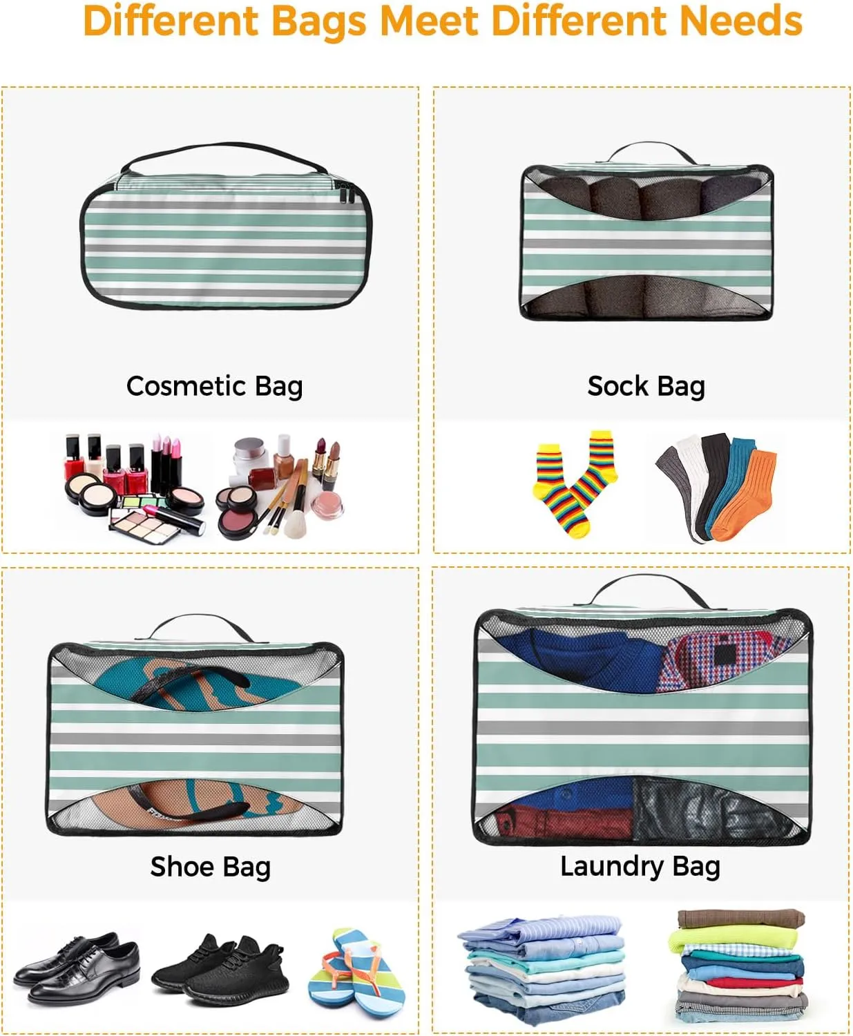 Packing Cubes for Travel, 4 Set Travel Packing Organized Cubes Concise Green Gray White Stripe Waterproof Luggage Organizer with Laundry Bag Shoe Bag Travel Accessories for Carry On Suitcases