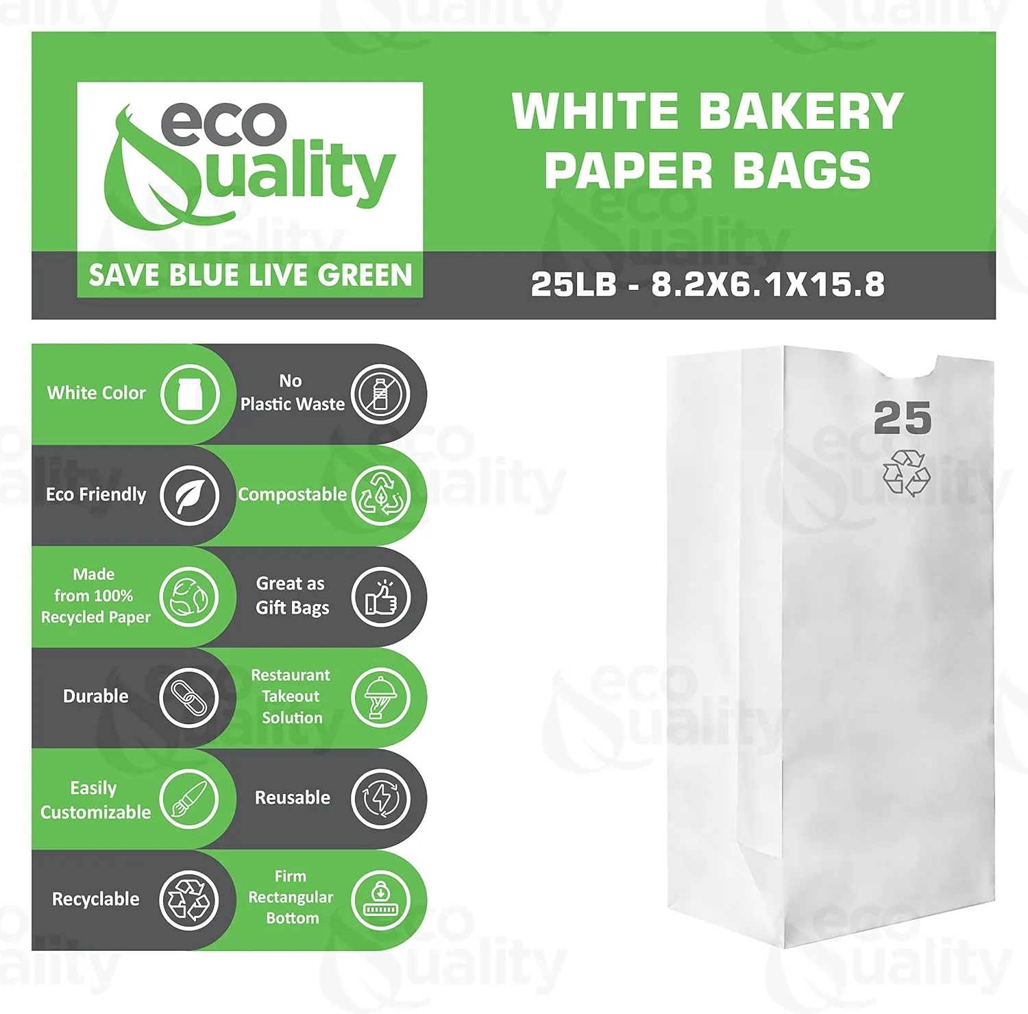 Paper Lunch Bags 25 Lb White Paper Bags 25LB Capacity - Kraft White Paper Bags, Bakery Bags, Candy Bags, Lunch Bags, Grocery Bags, Craft Bags - #25 Large Lunch Paper Bags / Kraft Paper Sacks by EcoQuality (100, #25 - 25LB)