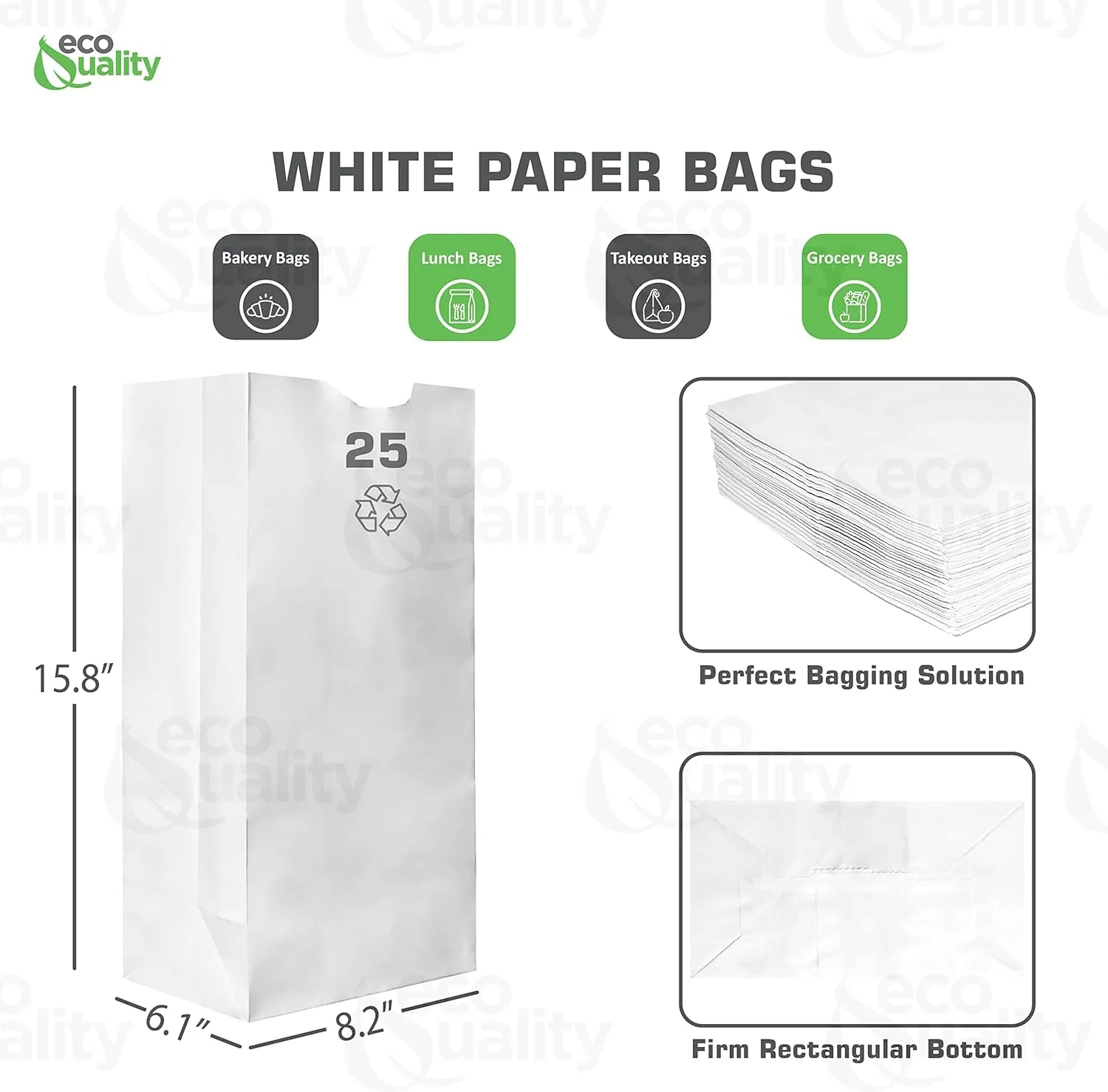 Paper Lunch Bags 25 Lb White Paper Bags 25LB Capacity - Kraft White Paper Bags, Bakery Bags, Candy Bags, Lunch Bags, Grocery Bags, Craft Bags - #25 Large Lunch Paper Bags / Kraft Paper Sacks by EcoQuality (100, #25 - 25LB)