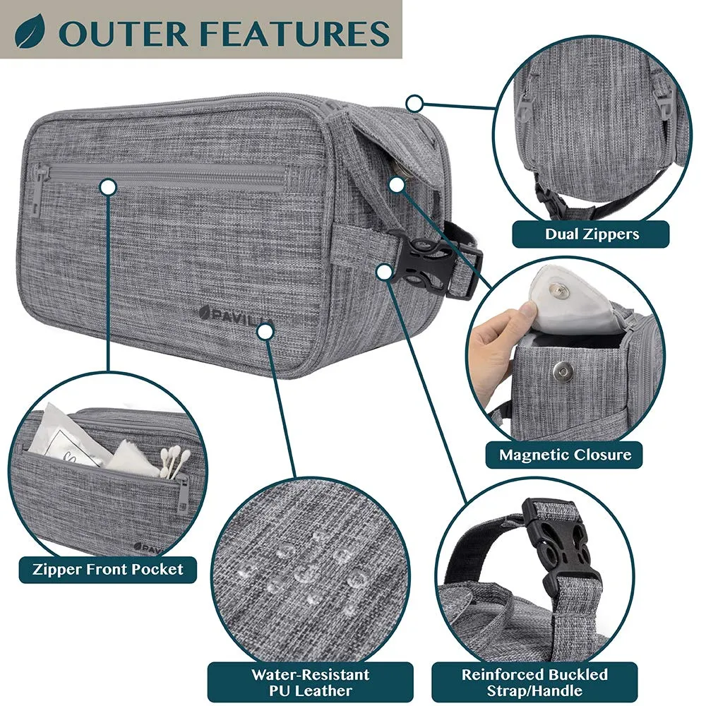 PAVILIA Toiletry Bag for Men, Travel Essentials Shaving Dopp Kit, Mens Travel Bag Toiletries Organizer Case for Grooming, PU Leather Water Resistant Cosmetic Bag Pouch (Heather Grey)