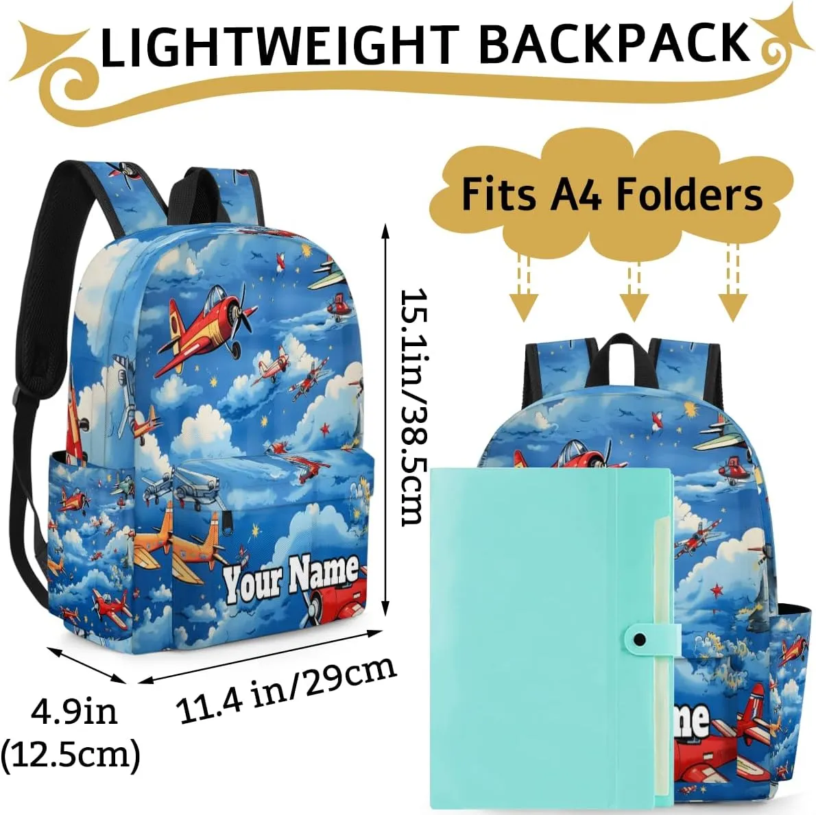 Personalized Aircraft Airplane Printed Preschool Toddler Backpack for Boys Girls Custom Kids Name Small Bookbags Kindergarten Elementary Backpack, Vintage Airplane