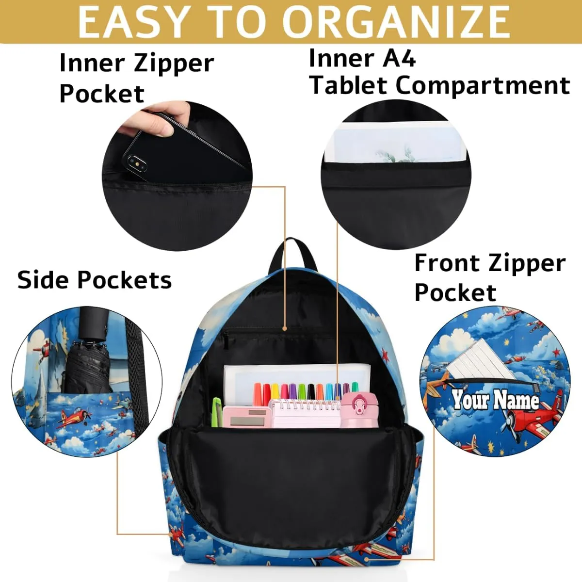 Personalized Aircraft Airplane Printed Preschool Toddler Backpack for Boys Girls Custom Kids Name Small Bookbags Kindergarten Elementary Backpack, Vintage Airplane