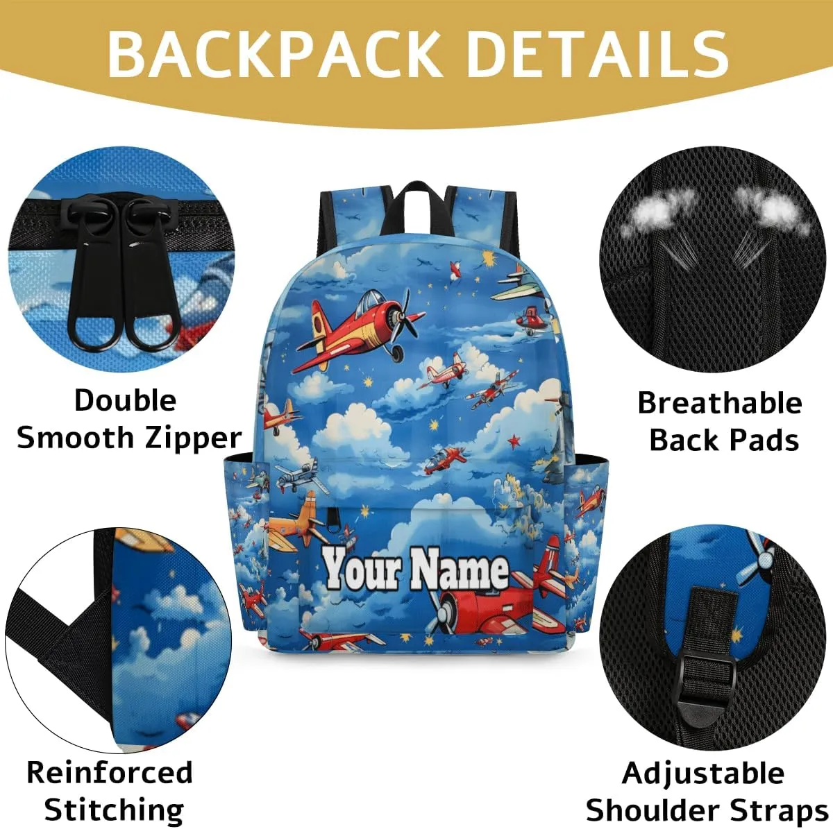Personalized Aircraft Airplane Printed Preschool Toddler Backpack for Boys Girls Custom Kids Name Small Bookbags Kindergarten Elementary Backpack, Vintage Airplane