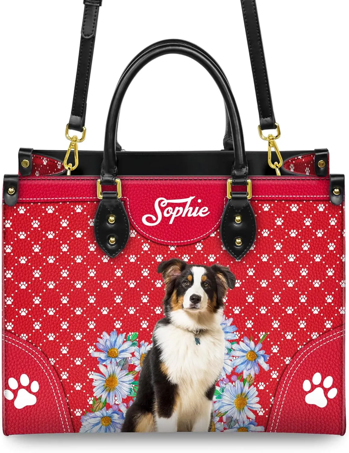 Personalized Australian Shepherd Dog Handbags, Custom Name Dog Leather Bags, Purses, Shoulder Bag, Gift For Dog Mom Dog Lover