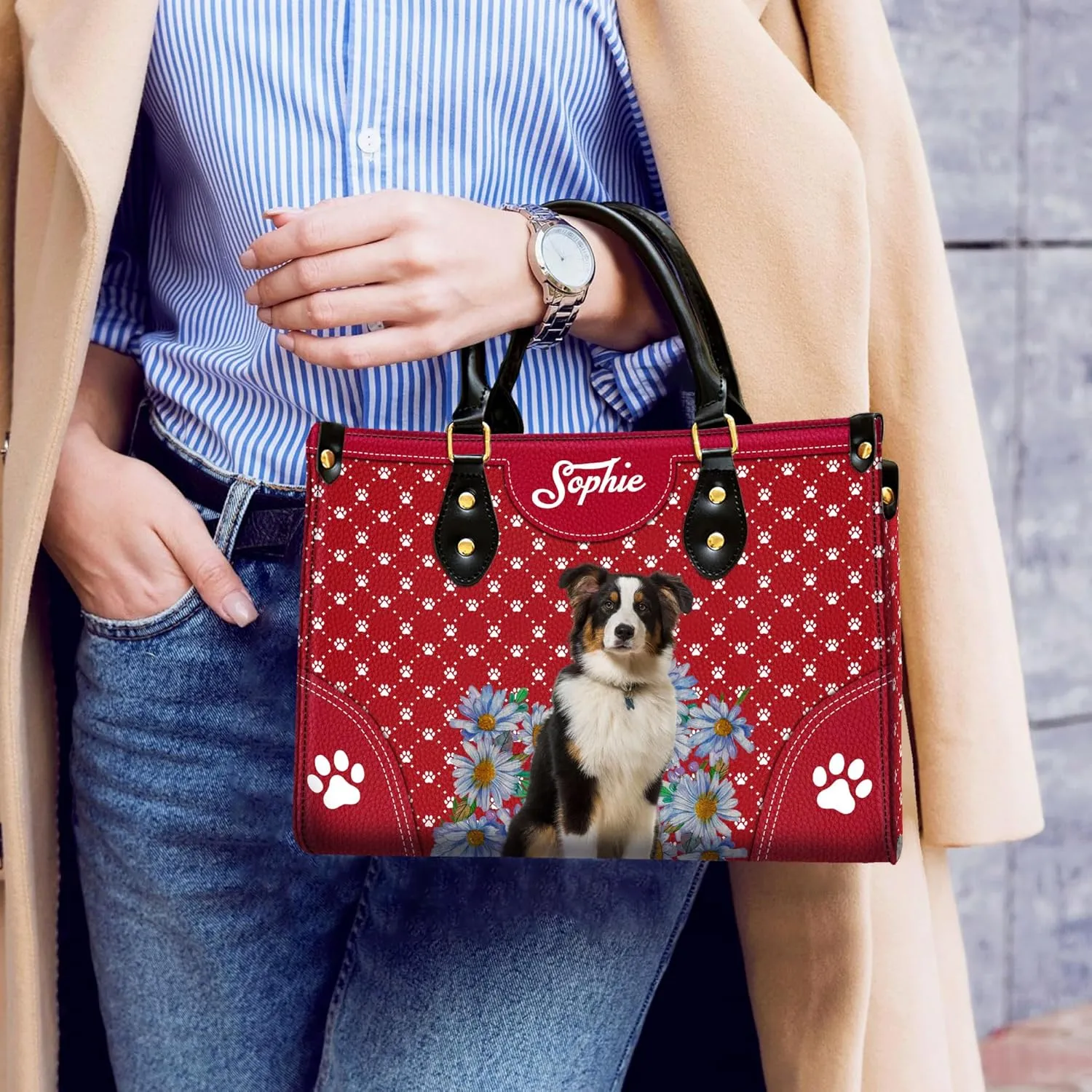 Personalized Australian Shepherd Dog Handbags, Custom Name Dog Leather Bags, Purses, Shoulder Bag, Gift For Dog Mom Dog Lover