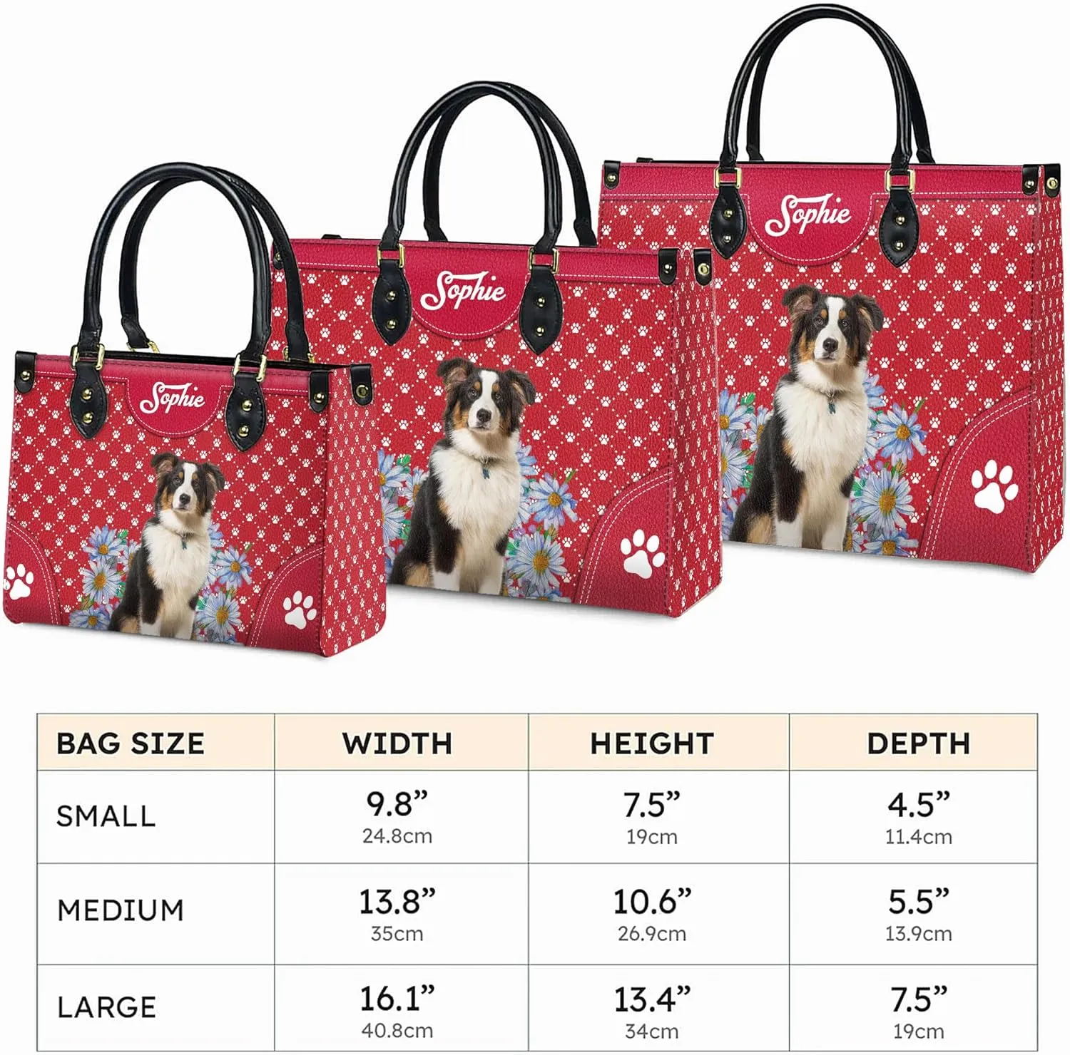 Personalized Australian Shepherd Dog Handbags, Custom Name Dog Leather Bags, Purses, Shoulder Bag, Gift For Dog Mom Dog Lover