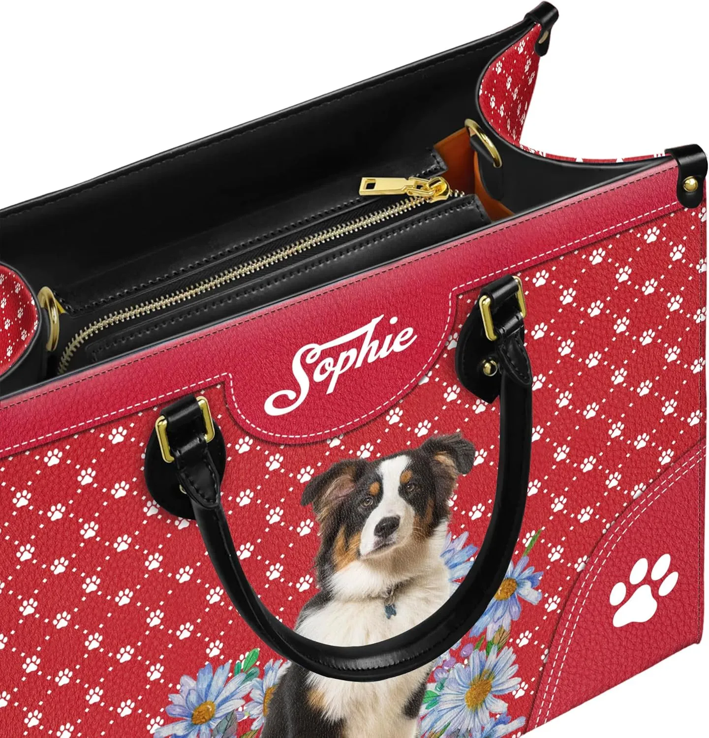 Personalized Australian Shepherd Dog Handbags, Custom Name Dog Leather Bags, Purses, Shoulder Bag, Gift For Dog Mom Dog Lover