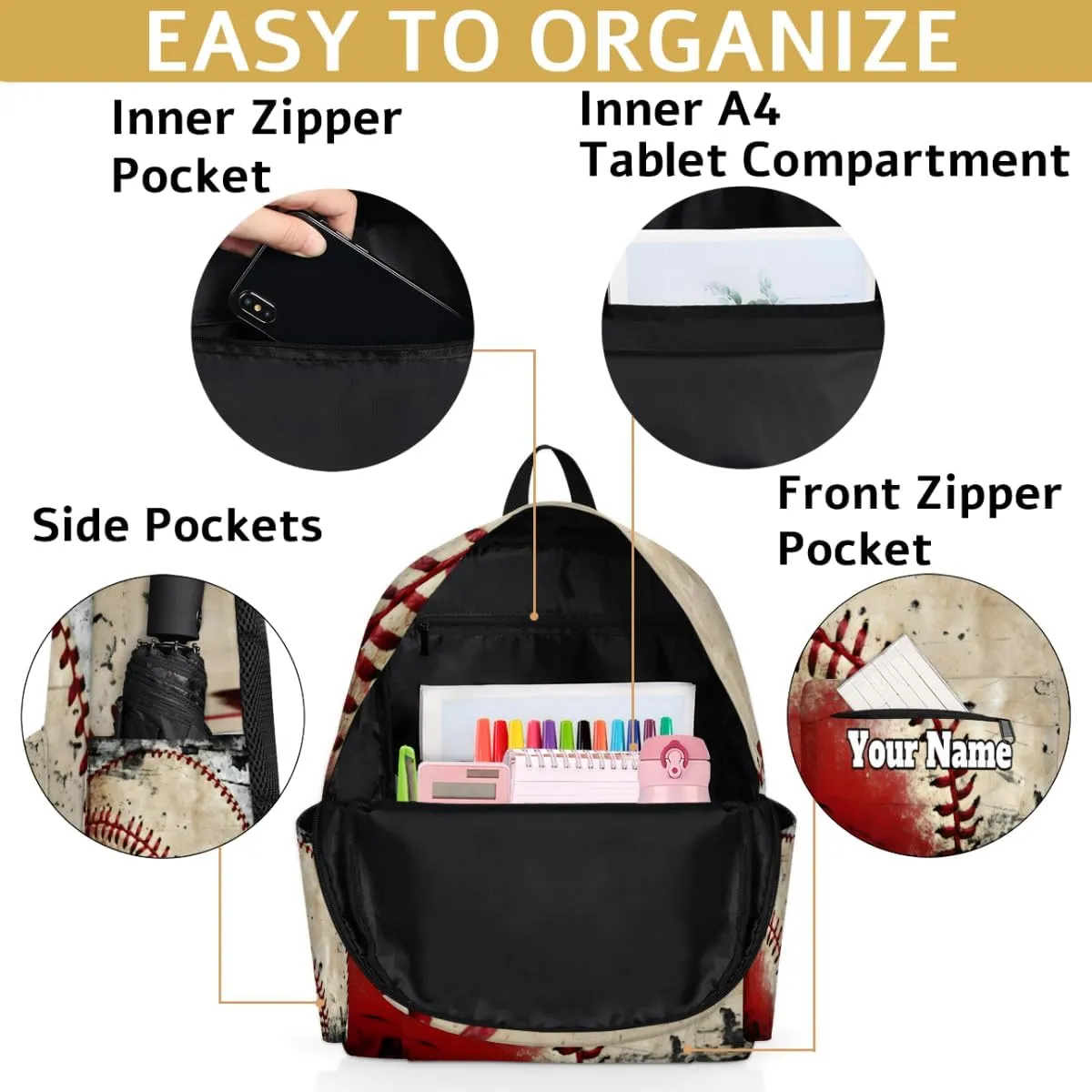 Personalized Baseball Texture Preschool Toddler Backpack for Boys Girls Custom Kids Name Small Bookbags Kindergarten Elementary Backpack, Vintage Baseball