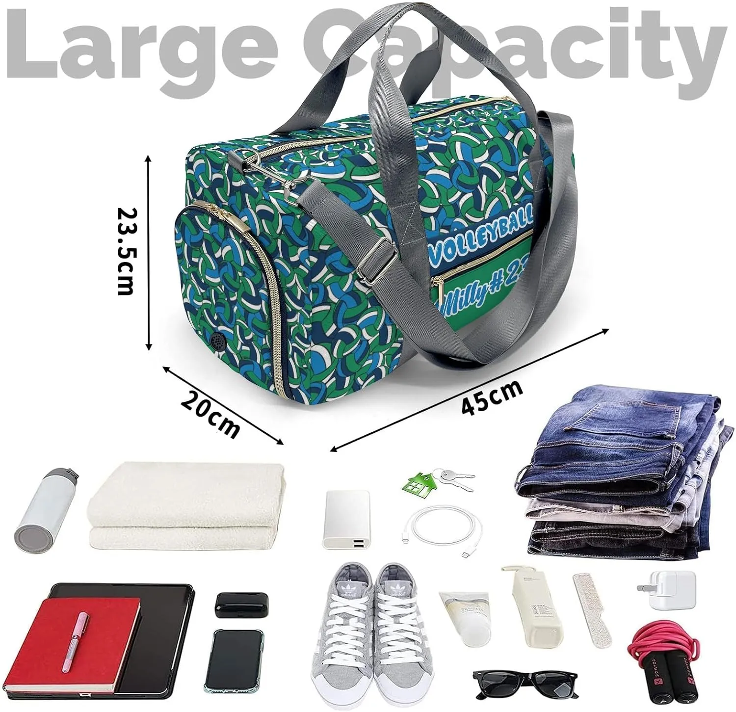 Personalized Blue Gray Navy Volleyball Duffle Bag with Name for Women Man Custom Travel Perform Training Bag Gym Bags