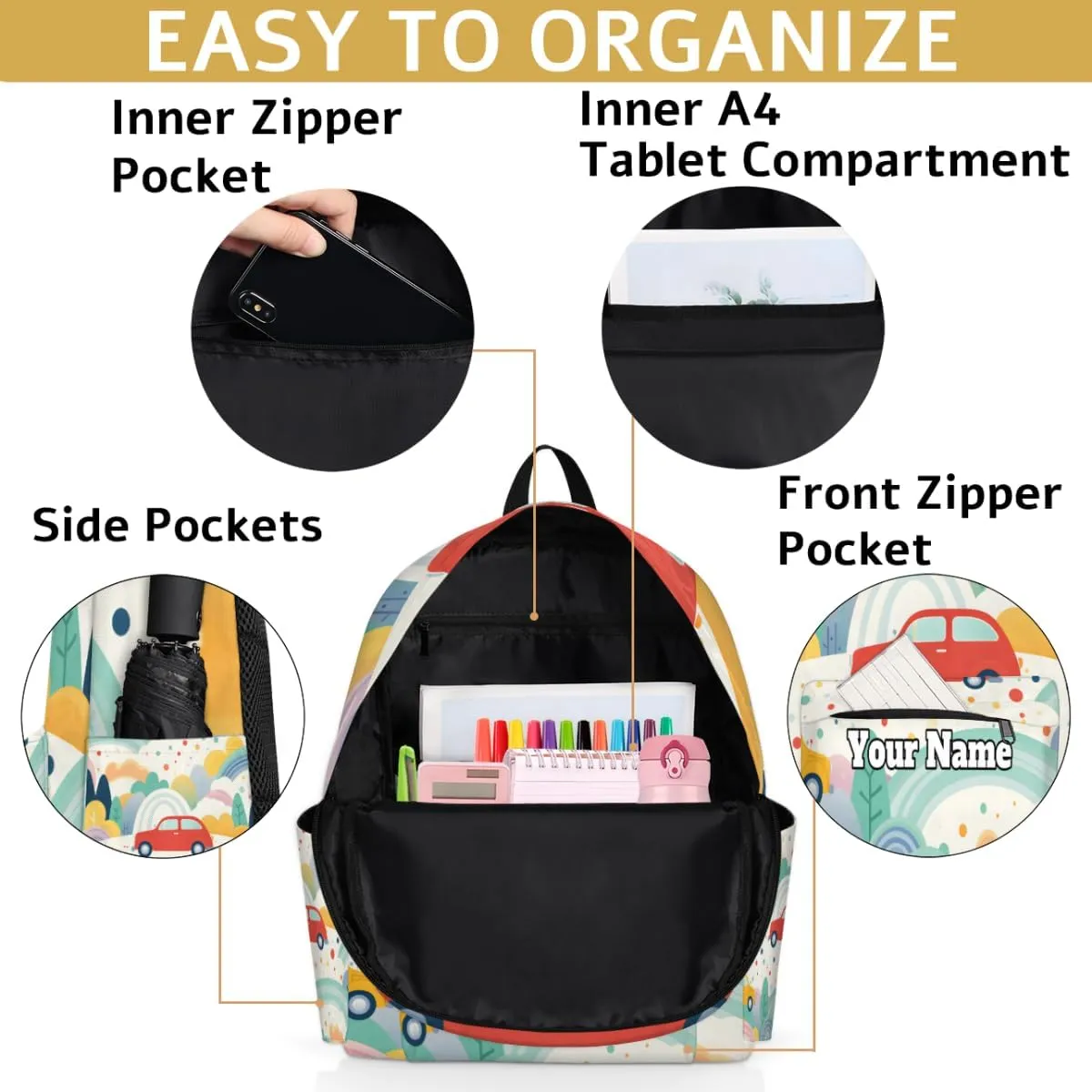 Personalized Car Pattern Preschool Toddler Backpack for Boys Girls Custom Kids Name Small Bookbags Kindergarten Elementary Backpack, Vintage Cars Pattern