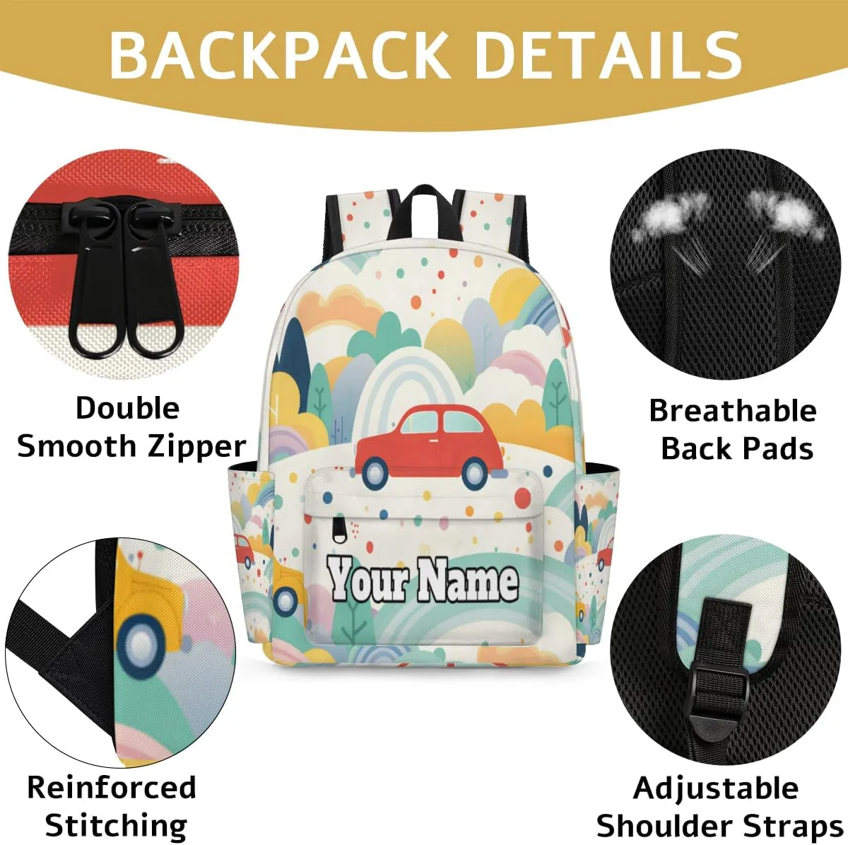 Personalized Car Pattern Preschool Toddler Backpack for Boys Girls Custom Kids Name Small Bookbags Kindergarten Elementary Backpack, Vintage Cars Pattern