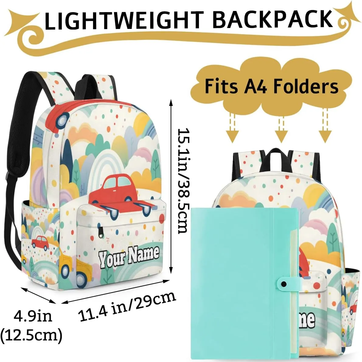 Personalized Car Pattern Preschool Toddler Backpack for Boys Girls Custom Kids Name Small Bookbags Kindergarten Elementary Backpack, Vintage Cars Pattern