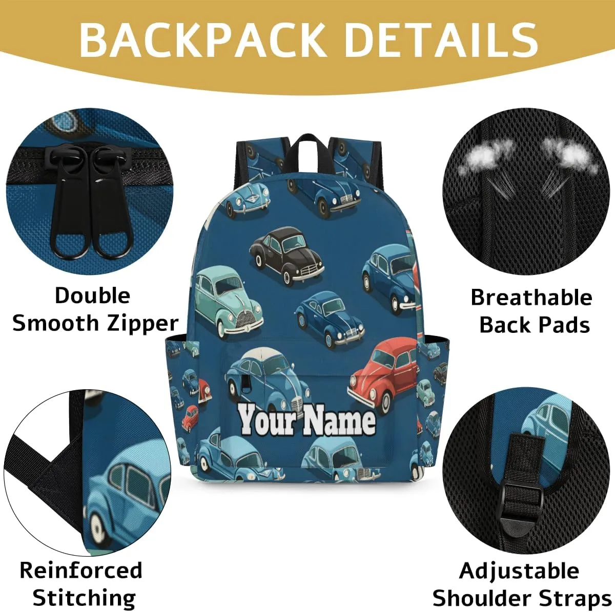 Personalized Cartoon Cars Preschool Toddler Backpack for Boys Girls Custom Kids Name Small Bookbags Kindergarten Elementary Backpack, Vintage Cars