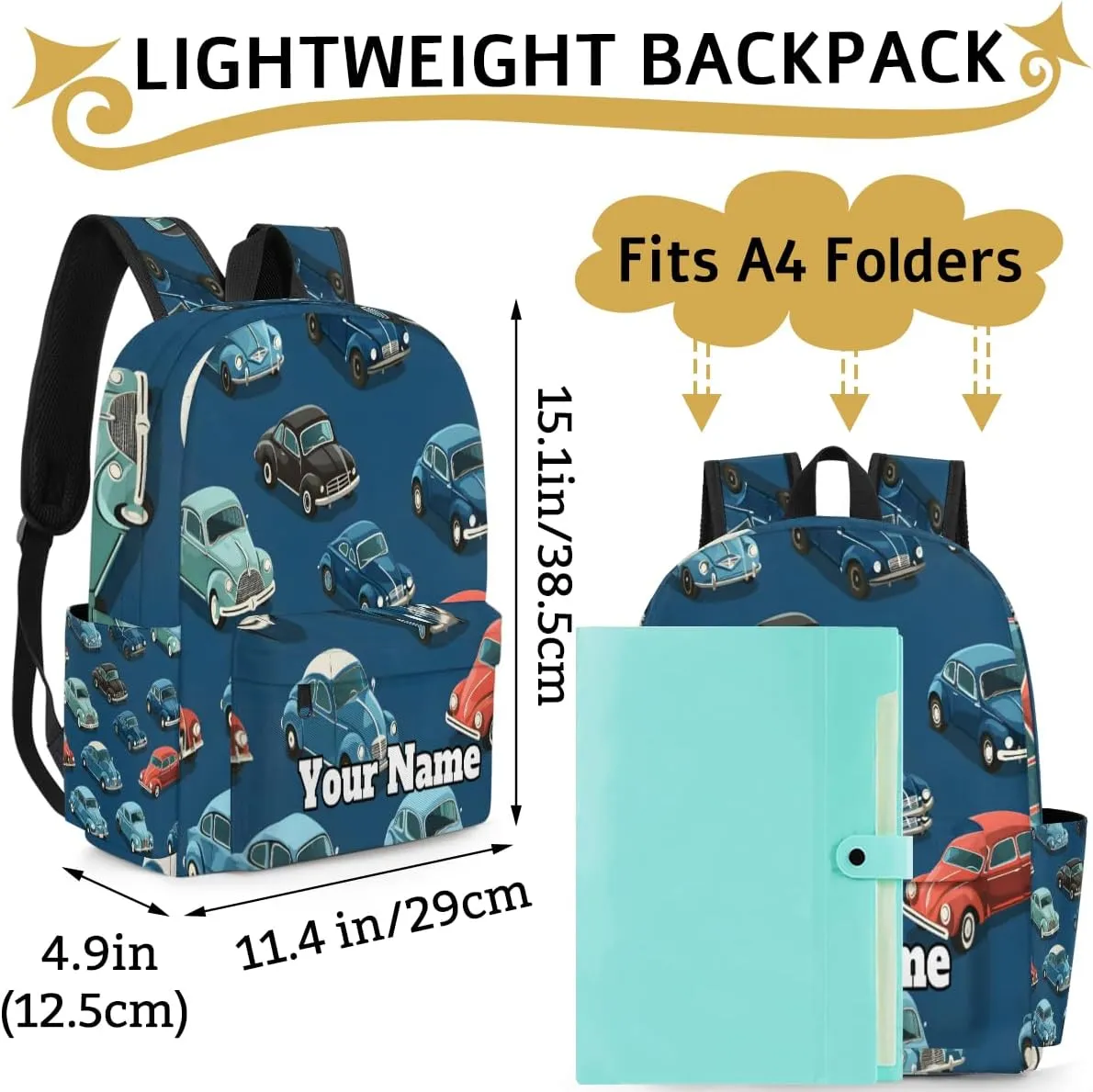 Personalized Cartoon Cars Preschool Toddler Backpack for Boys Girls Custom Kids Name Small Bookbags Kindergarten Elementary Backpack, Vintage Cars
