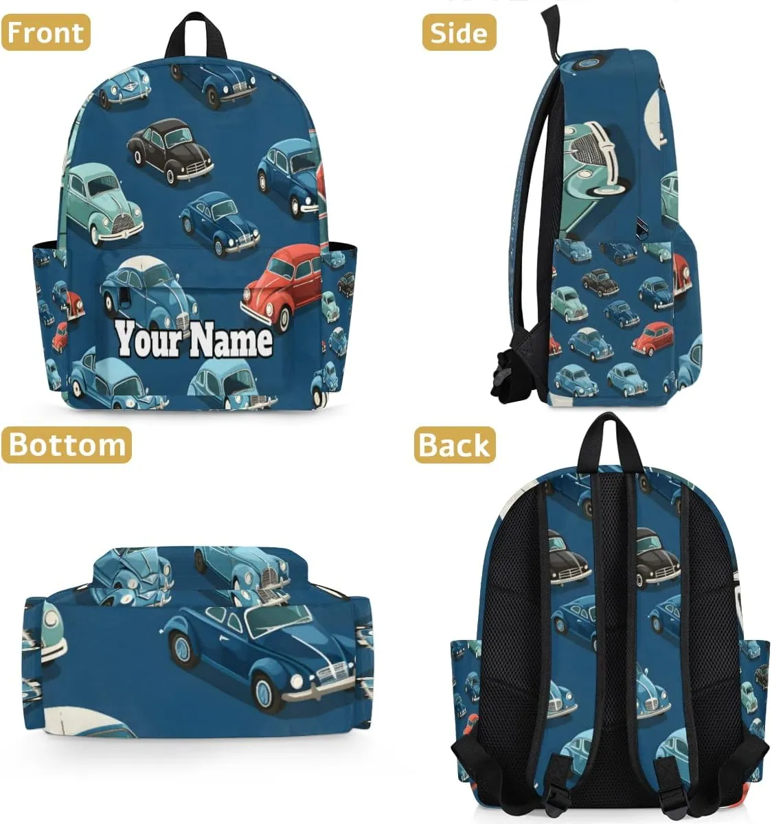Personalized Cartoon Cars Preschool Toddler Backpack for Boys Girls Custom Kids Name Small Bookbags Kindergarten Elementary Backpack, Vintage Cars