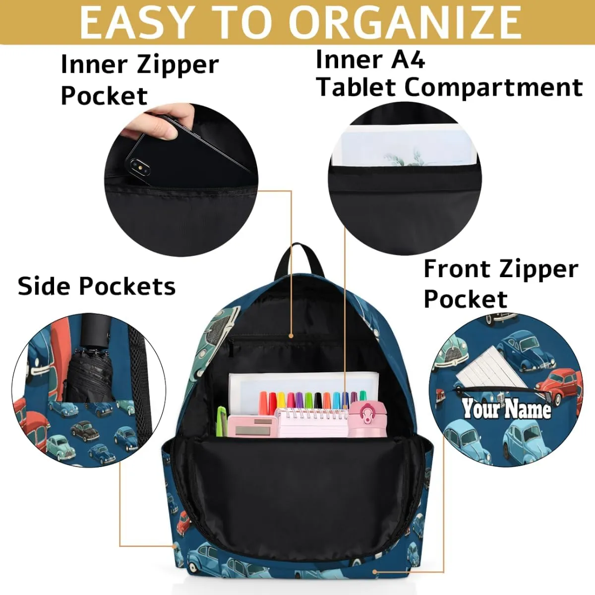 Personalized Cartoon Cars Preschool Toddler Backpack for Boys Girls Custom Kids Name Small Bookbags Kindergarten Elementary Backpack, Vintage Cars