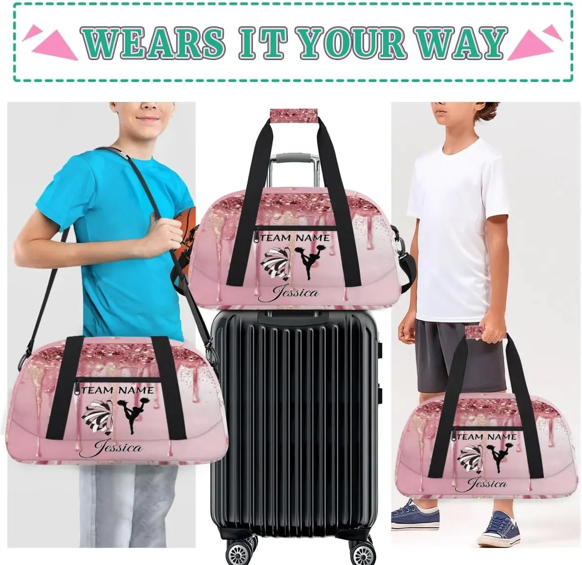 Personalized Cheer Sports Duffle Bag for Cheerleaders, Custom Cheerleading Gym Bags for Women, Fluid Glitter Customized Cheer Duffel Bag with Name Overnight Weekender Bags