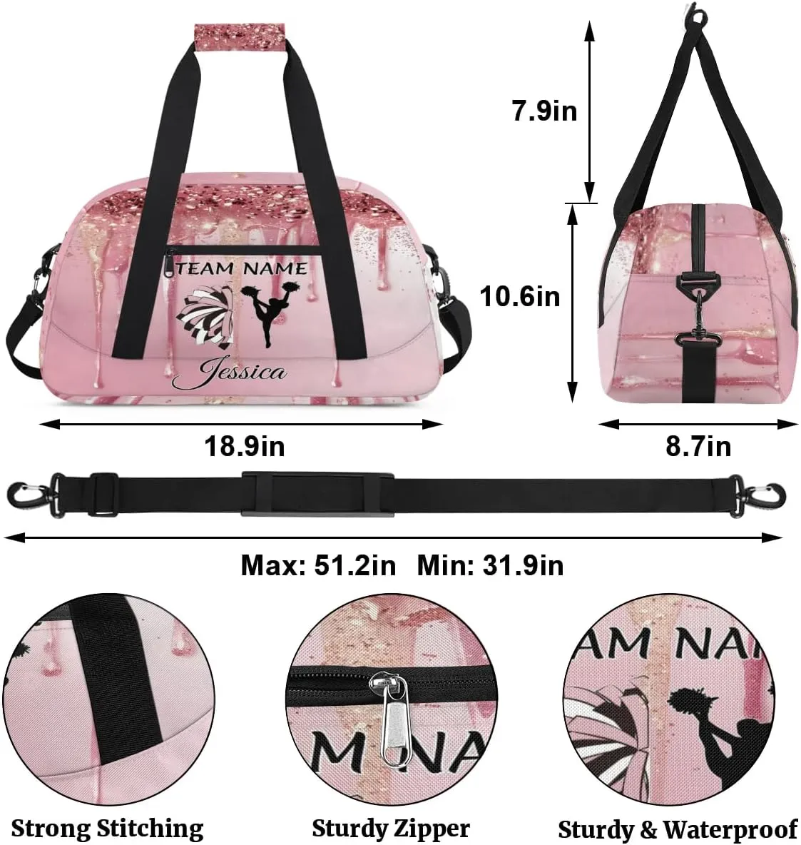 Personalized Cheer Sports Duffle Bag for Cheerleaders, Custom Cheerleading Gym Bags for Women, Fluid Glitter Customized Cheer Duffel Bag with Name Overnight Weekender Bags