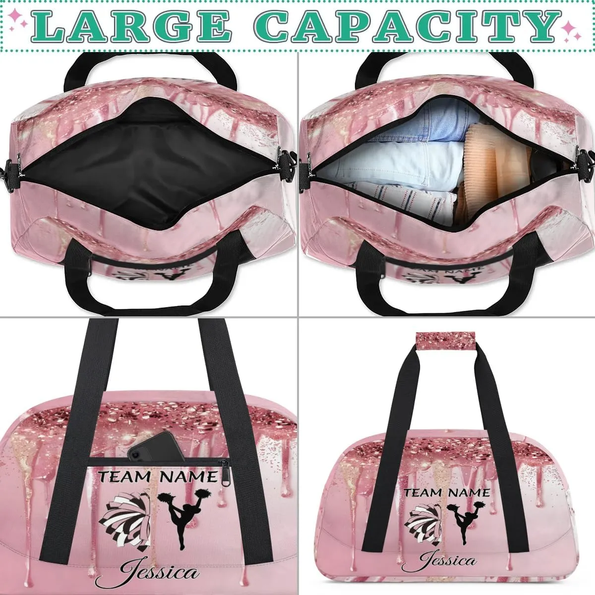 Personalized Cheer Sports Duffle Bag for Cheerleaders, Custom Cheerleading Gym Bags for Women, Fluid Glitter Customized Cheer Duffel Bag with Name Overnight Weekender Bags