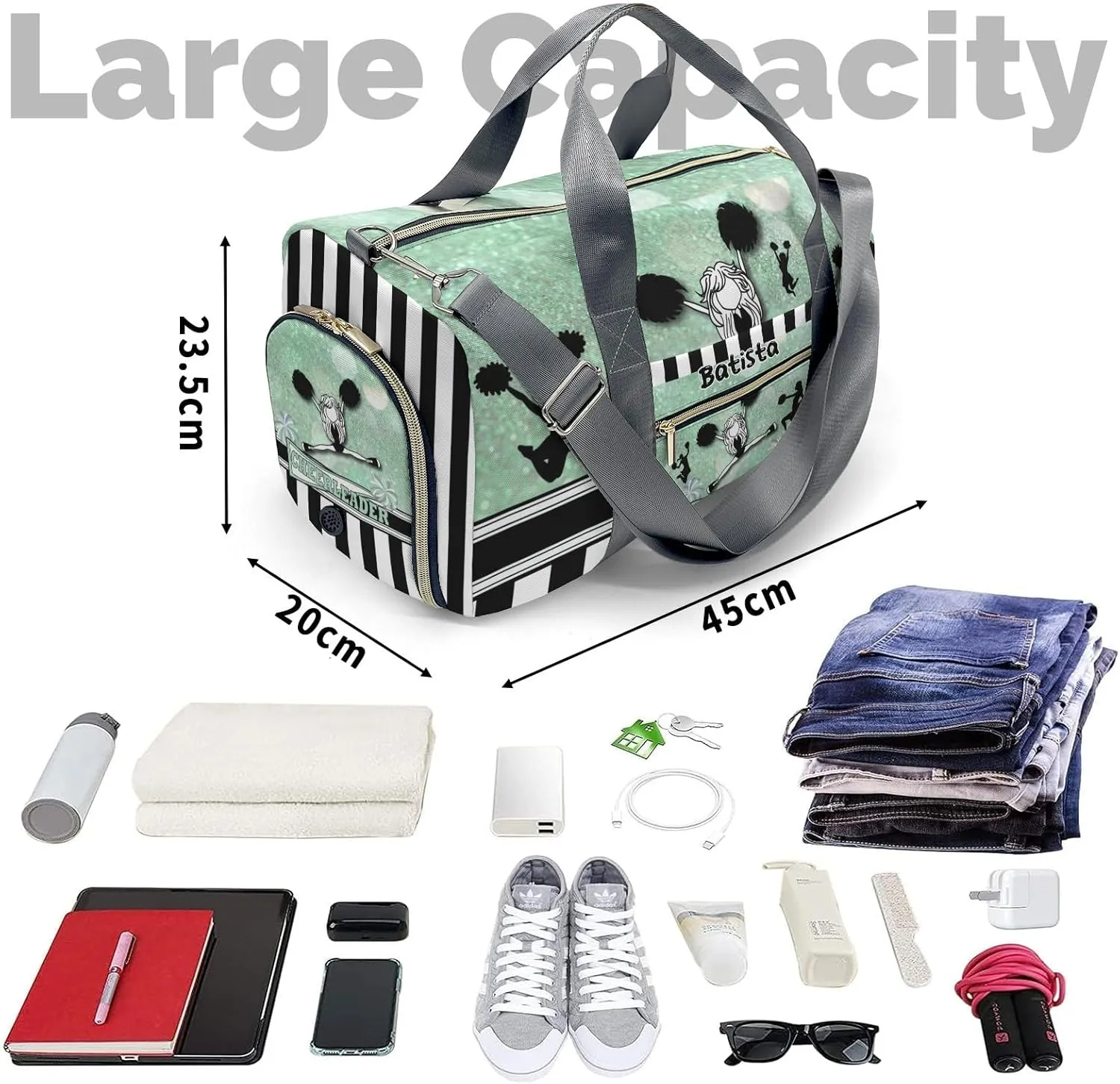 Personalized Cheerleader Girl Sparkly Green Stripes Dance Bag Girls Yoga Bag Dance Bag With Name,Patch Travel Duffel Bag Women Cheerleader Bag Sport Duffle Bag for Gym Ballet