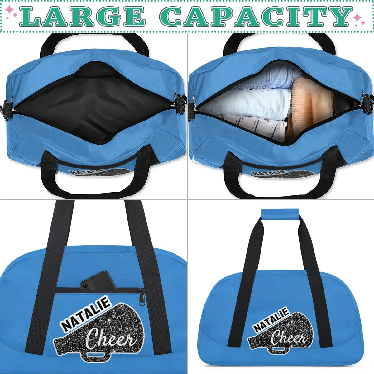 Personalized Cheerleader Sports Bag Custom Gymnastics Name Gym Duffel Bags Customized Cheer Ballet Dance Gift Overnight Weekender Bag, Blue
