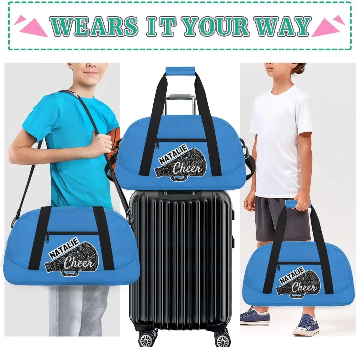 Personalized Cheerleader Sports Bag Custom Gymnastics Name Gym Duffel Bags Customized Cheer Ballet Dance Gift Overnight Weekender Bag, Blue