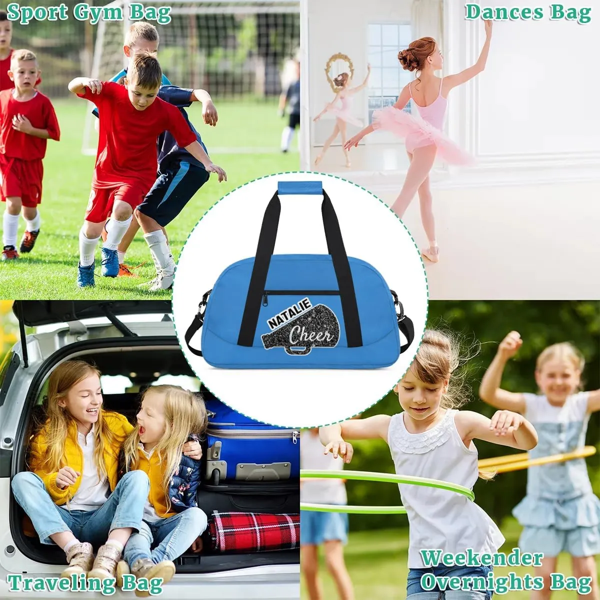 Personalized Cheerleader Sports Bag Custom Gymnastics Name Gym Duffel Bags Customized Cheer Ballet Dance Gift Overnight Weekender Bag, Blue