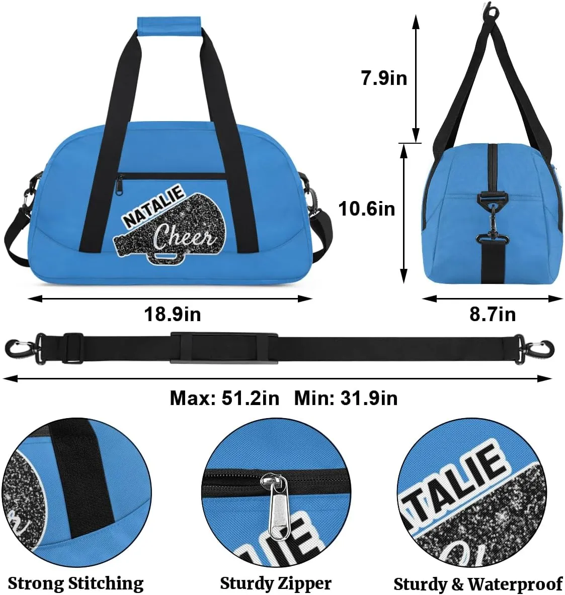 Personalized Cheerleader Sports Bag Custom Gymnastics Name Gym Duffel Bags Customized Cheer Ballet Dance Gift Overnight Weekender Bag, Blue