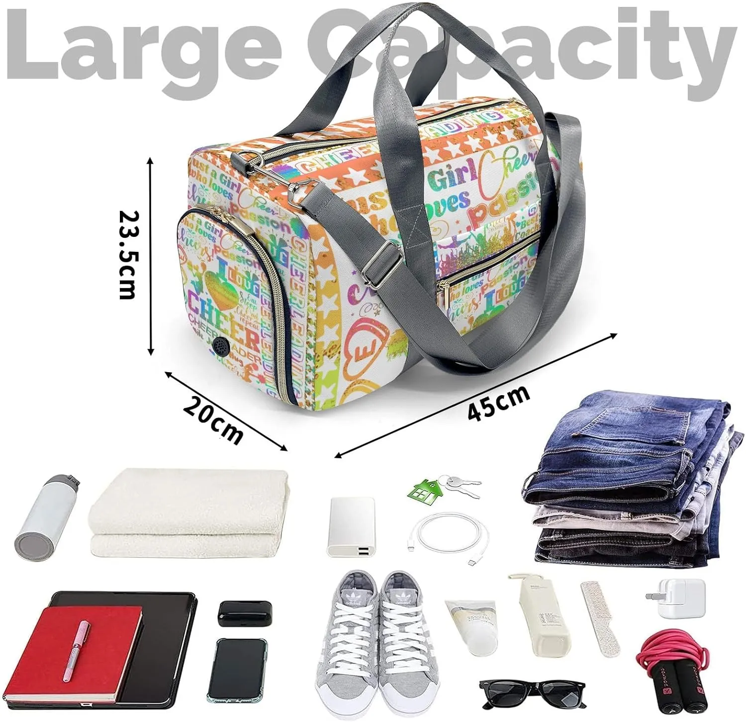 Personalized Colorful Cheerleadings Star Coach Pom Duffle Bag with Name for Women Girls Custom Travel Perform Training Bag