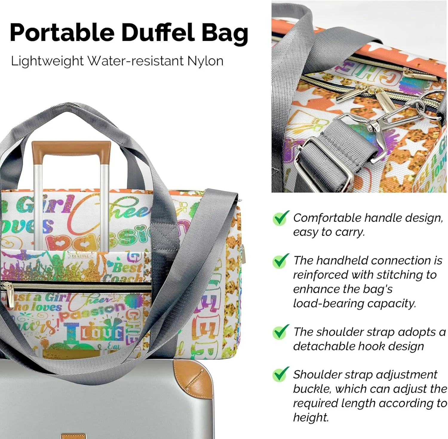 Personalized Colorful Cheerleadings Star Coach Pom Duffle Bag with Name for Women Girls Custom Travel Perform Training Bag