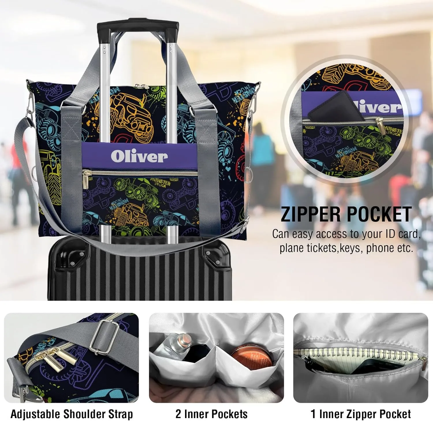 Personalized Colorful Monster Truck Car Dance Bag Girls Yoga Bag Dance Bag With Name,Patch Travel Duffel Bag Women Cheerleader Bag Sport Duffle Bag for Gym Ballet