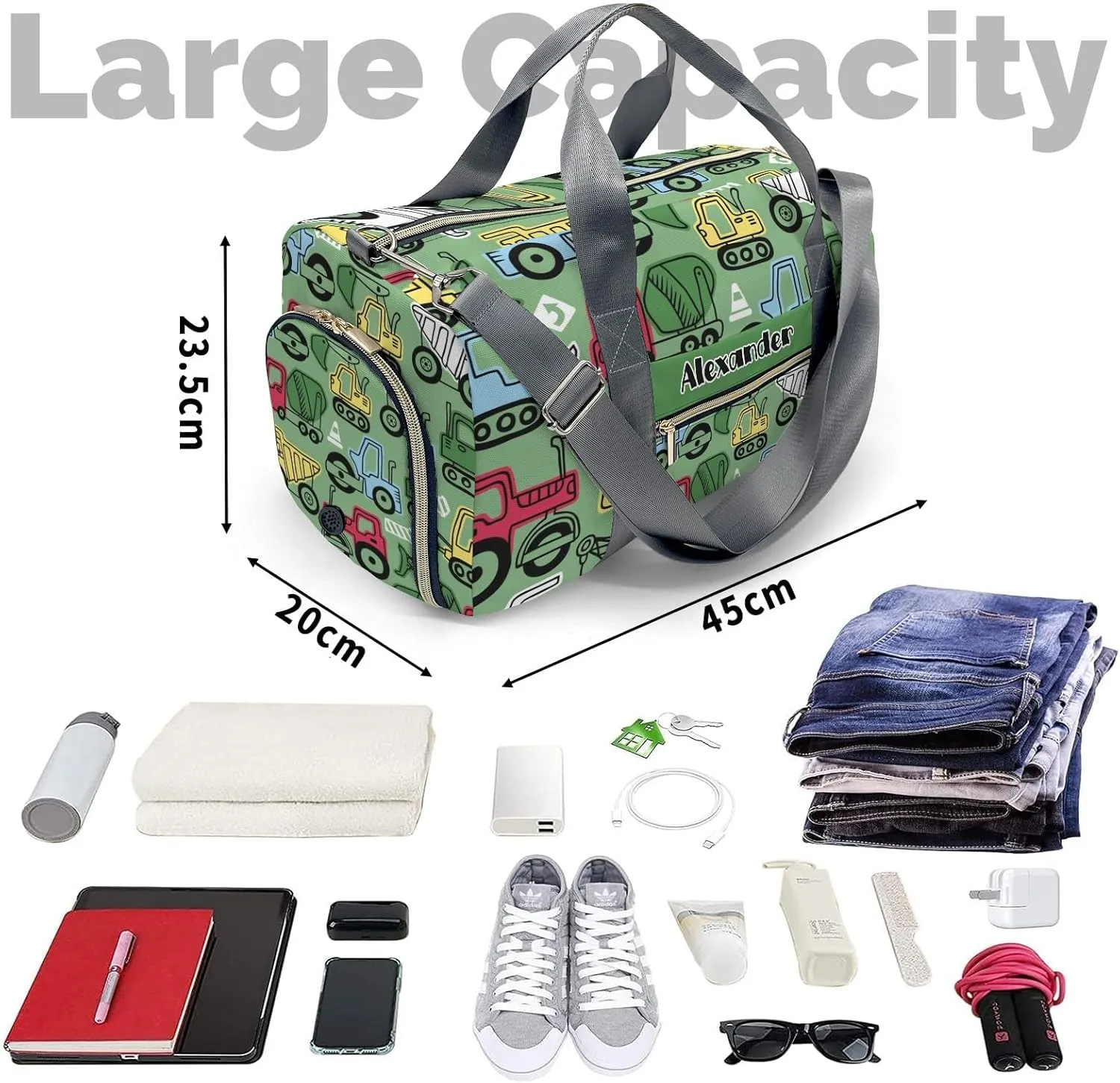 Personalized Colorful Truck On Green Dance Bag Girls Yoga Bag Dance Bag With Name,Patch Travel Duffel Bag Women Cheerleader Bag Sport Duffle Bag for Gym Ballet