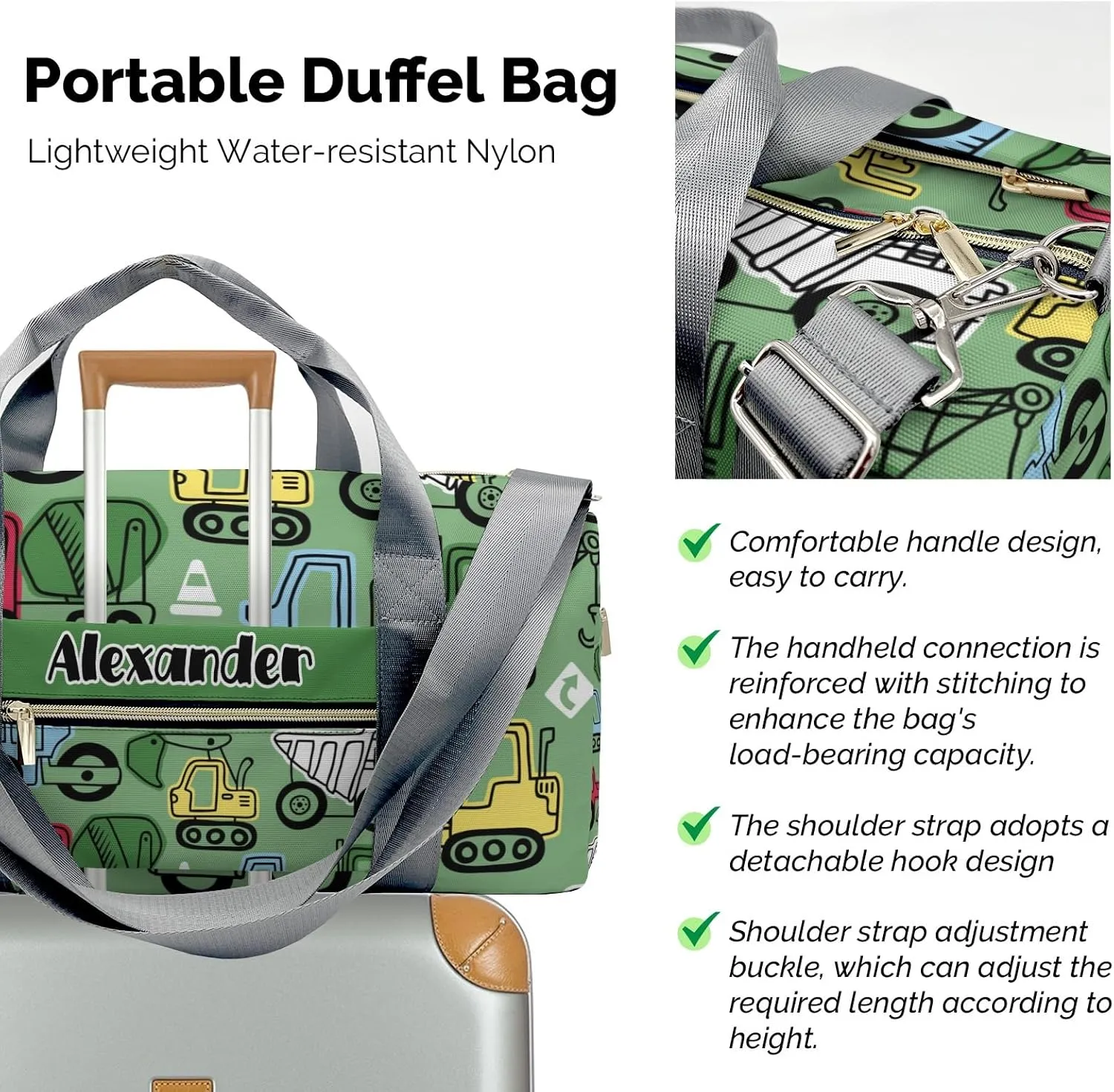 Personalized Colorful Truck On Green Dance Bag Girls Yoga Bag Dance Bag With Name,Patch Travel Duffel Bag Women Cheerleader Bag Sport Duffle Bag for Gym Ballet