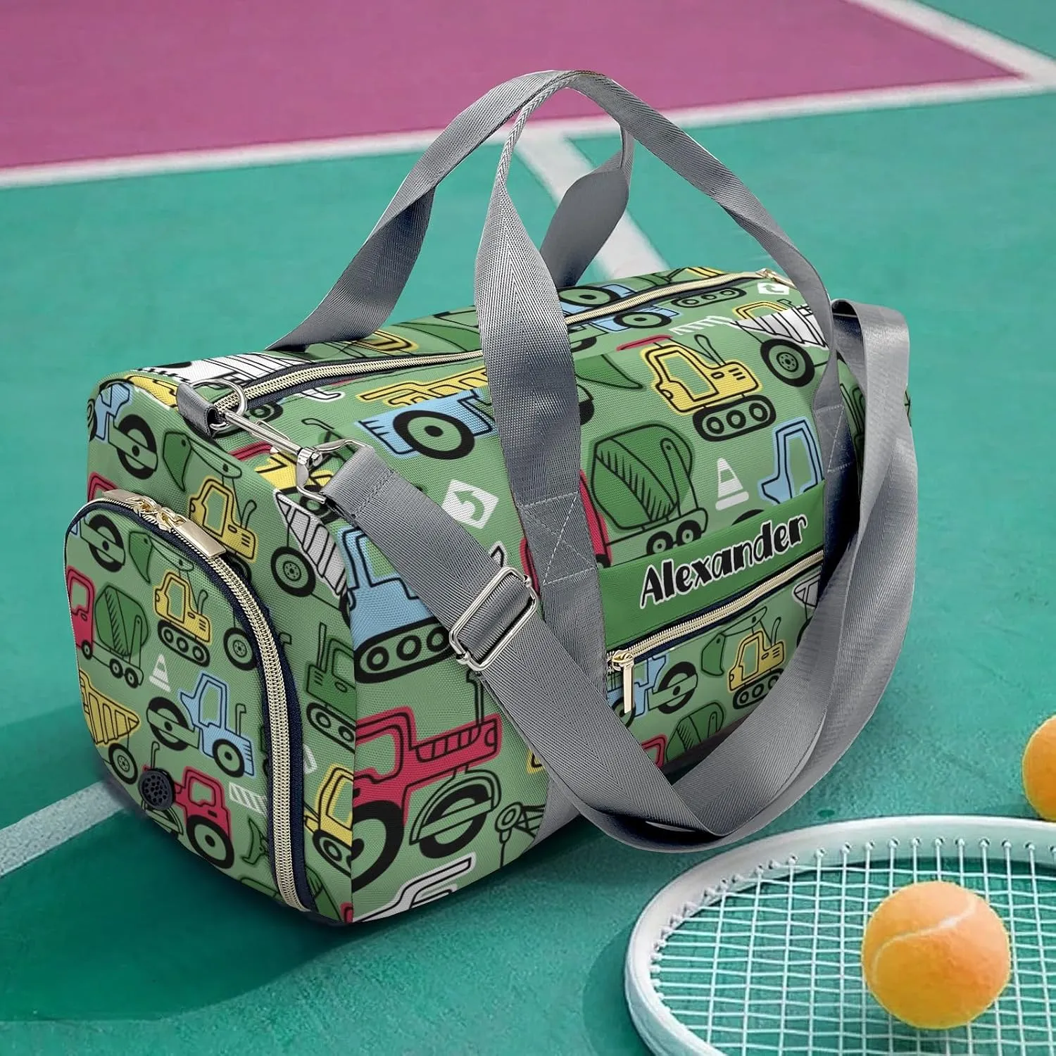 Personalized Colorful Truck On Green Dance Bag Girls Yoga Bag Dance Bag With Name,Patch Travel Duffel Bag Women Cheerleader Bag Sport Duffle Bag for Gym Ballet
