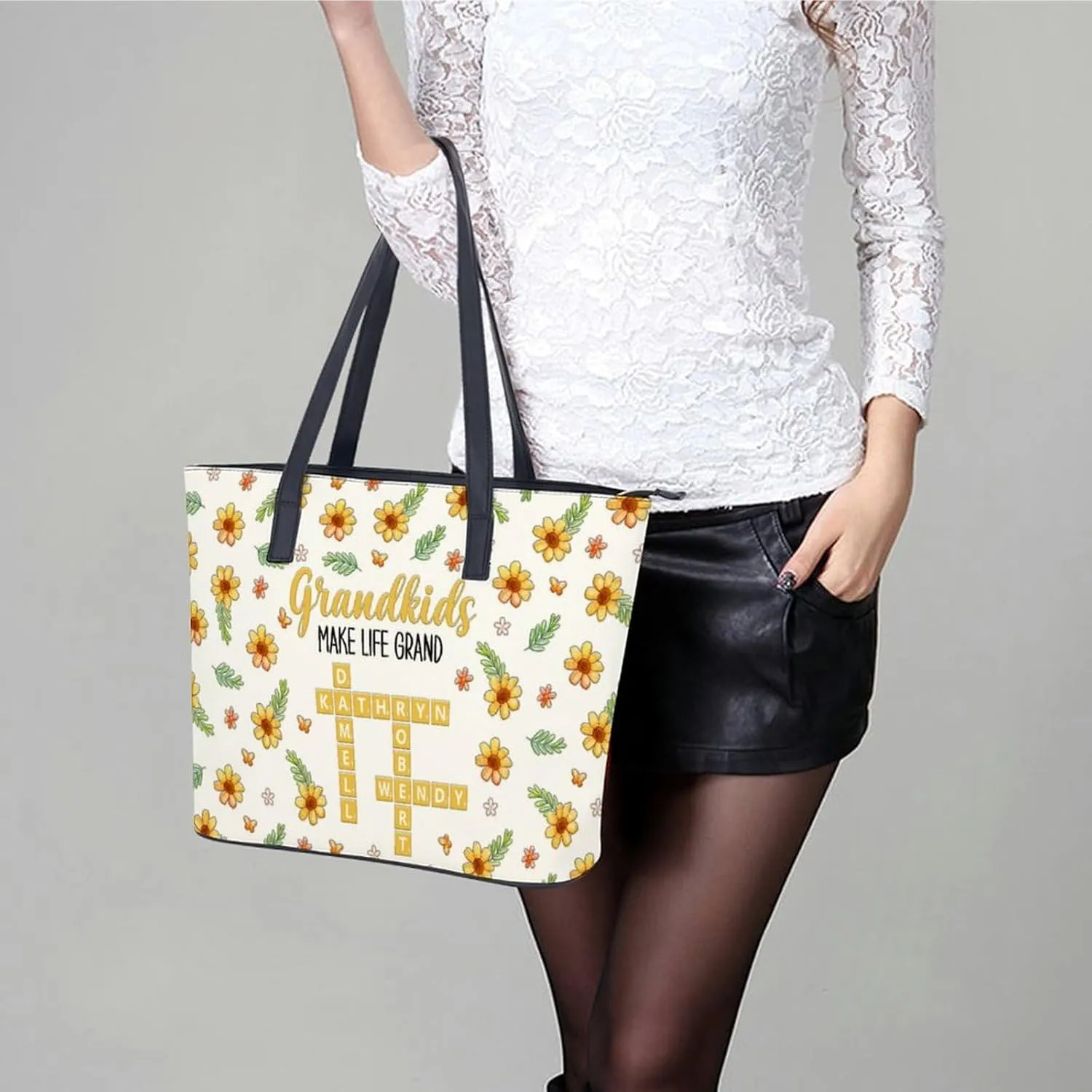 Personalized Custom Leather Tote Bag Handbags with Birth Month Flowers Name,Mothers Day Gift for Mom Grandma